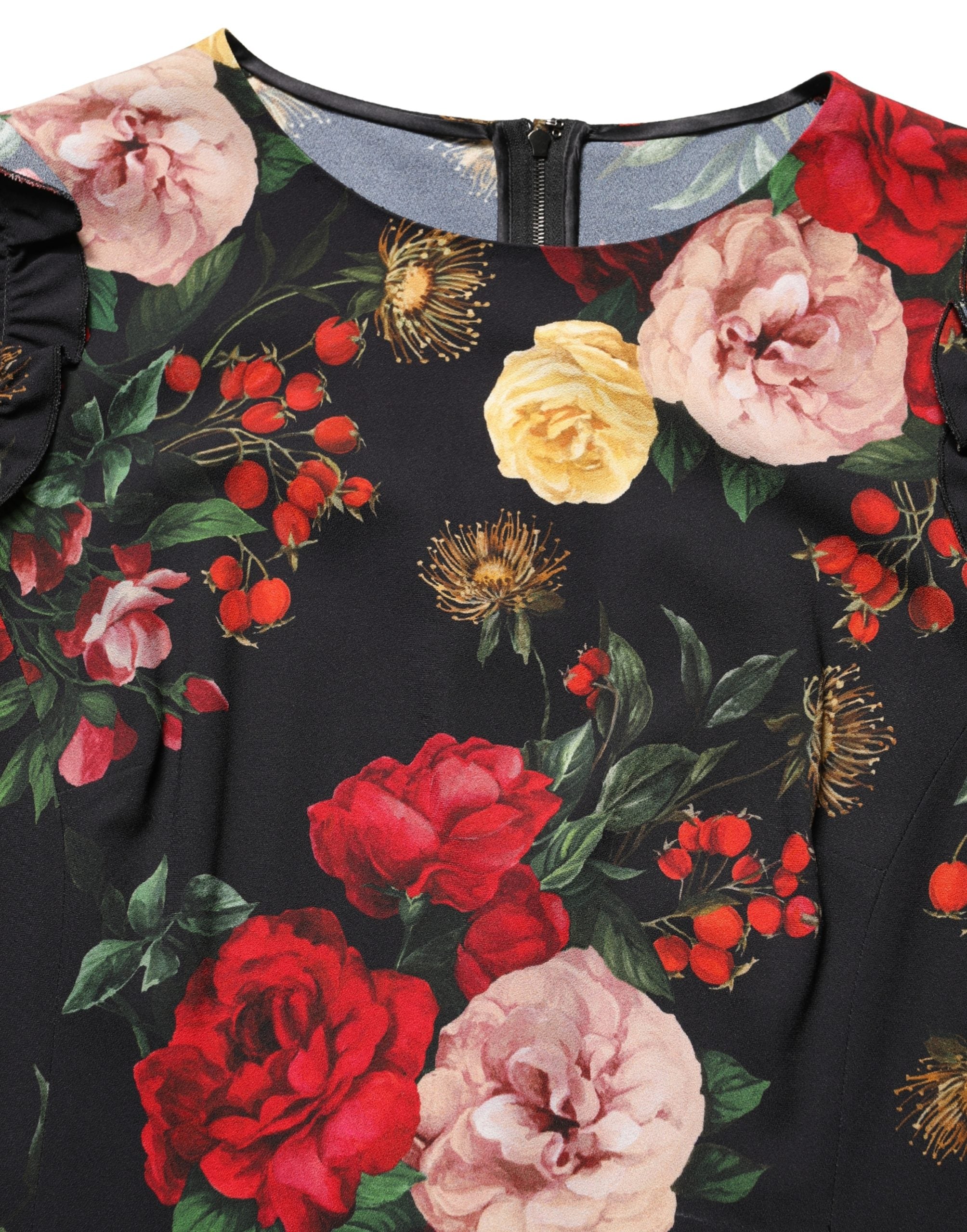 Dolce & Gabbana Black Floral Crepe Frill Detail Blouse Top
