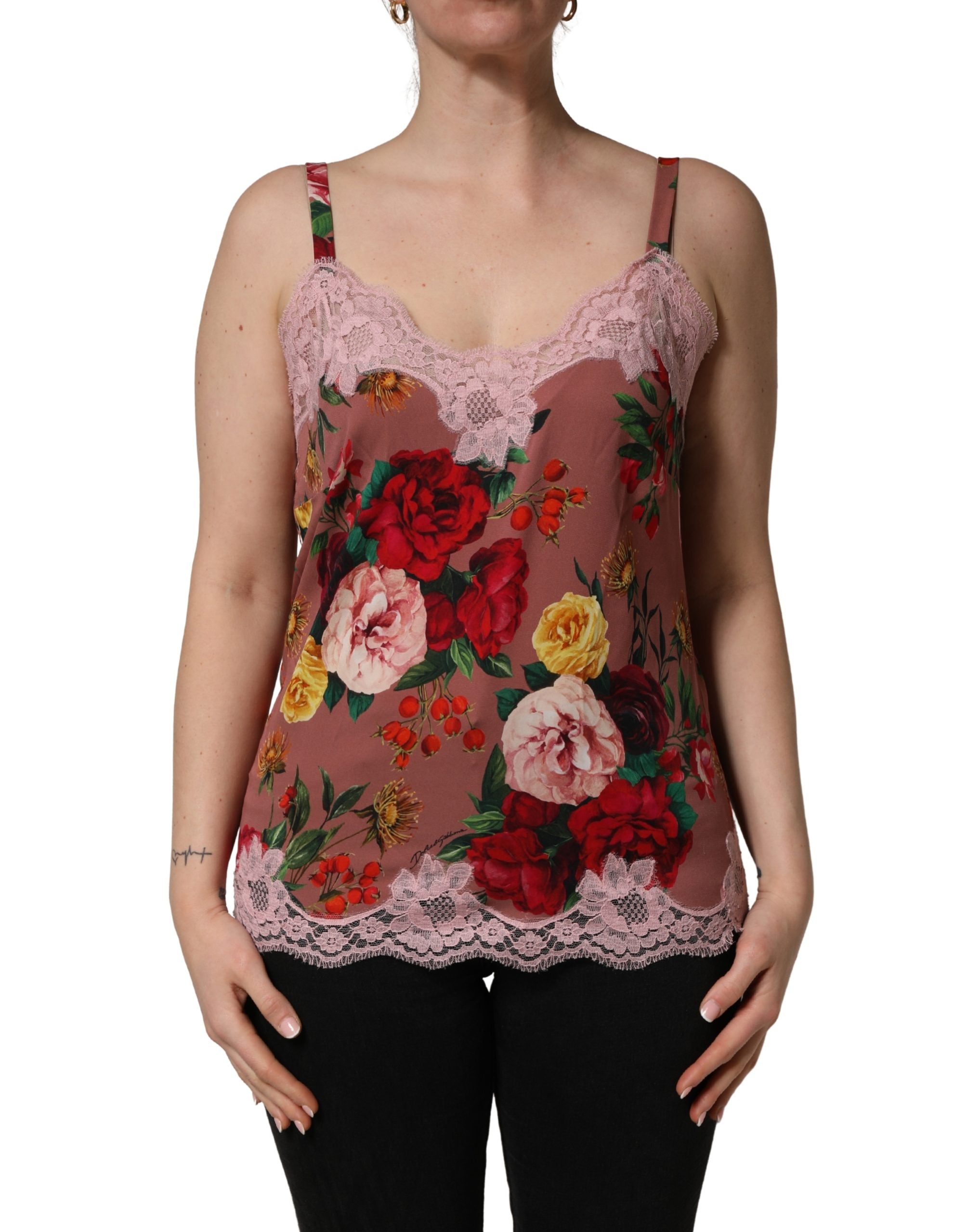 Dolce & Gabbana Brown Rose Print Satin Lace Camisole Tank Top