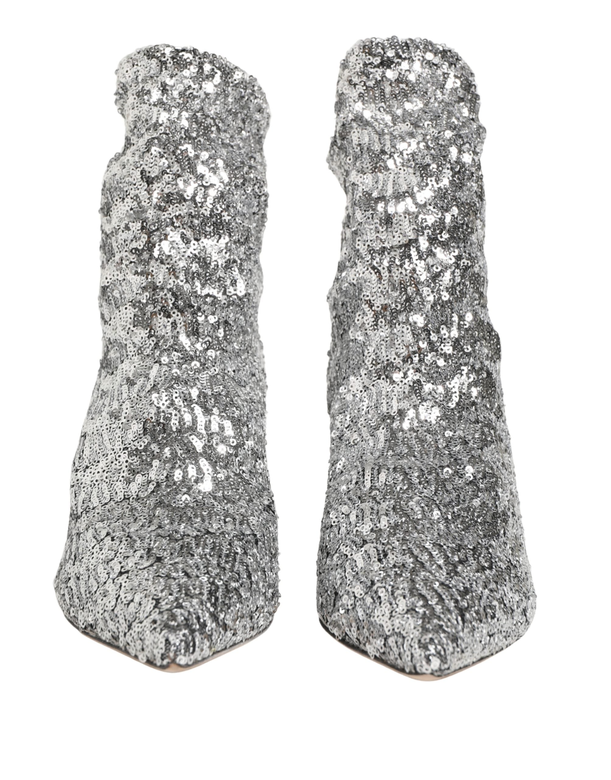 Dolce & Gabbana Silver Sequined Short Boots Stretch Shoes