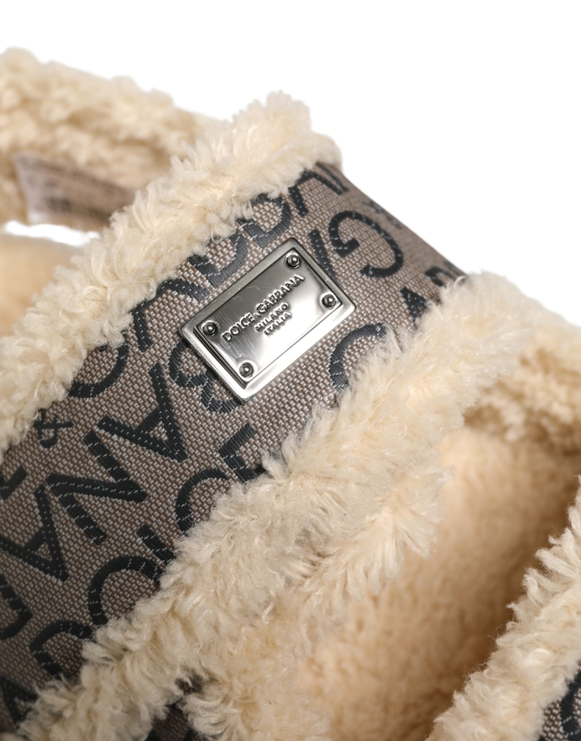 Dolce & Gabbana Beige Faux Fur Logo Print Flats Sandals Shoes