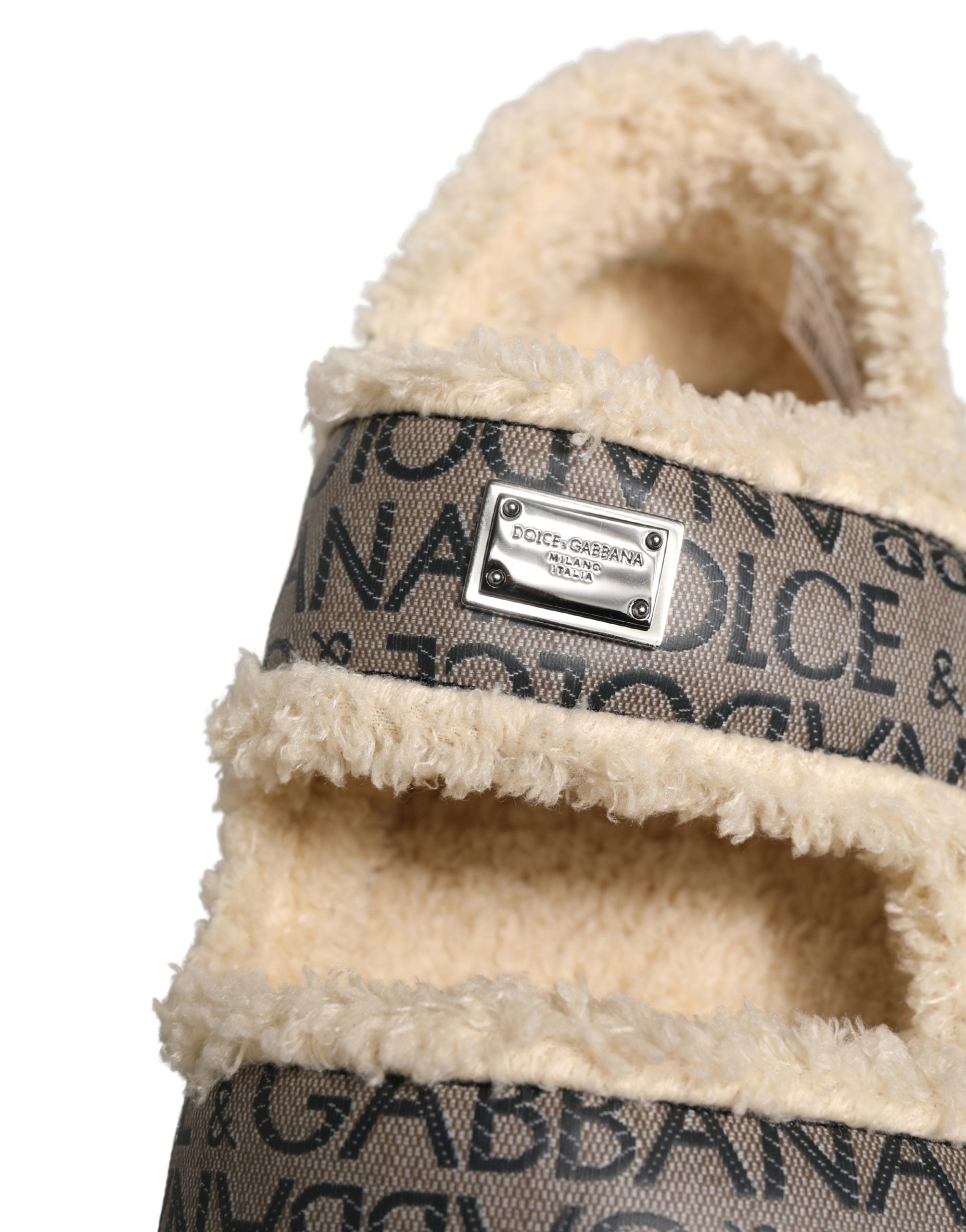 Dolce & Gabbana Beige Faux Fur Logo Print Flats Sandals Shoes