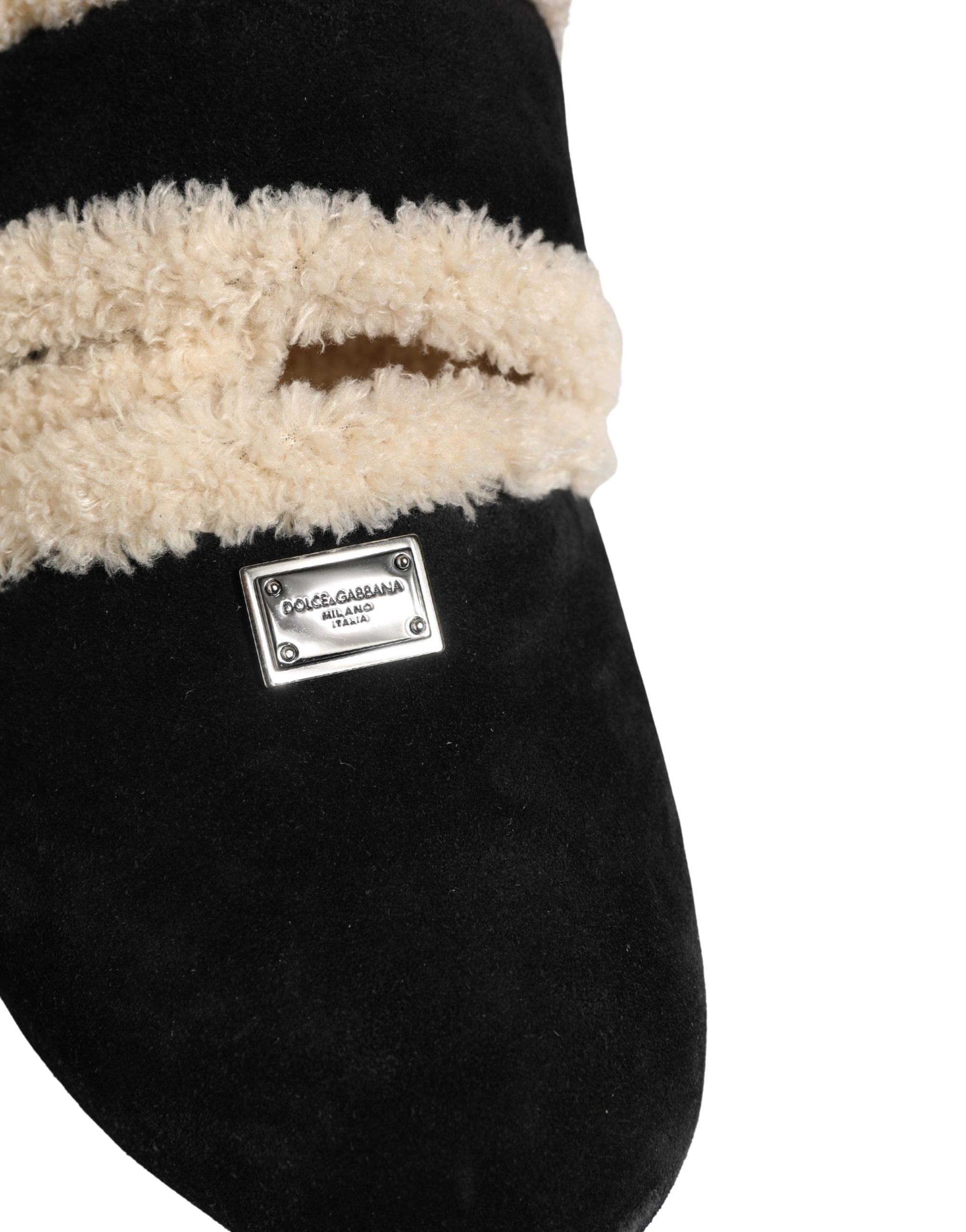 Dolce & Gabbana Beige Black Faux Fur Flats Men Sandals Shoes