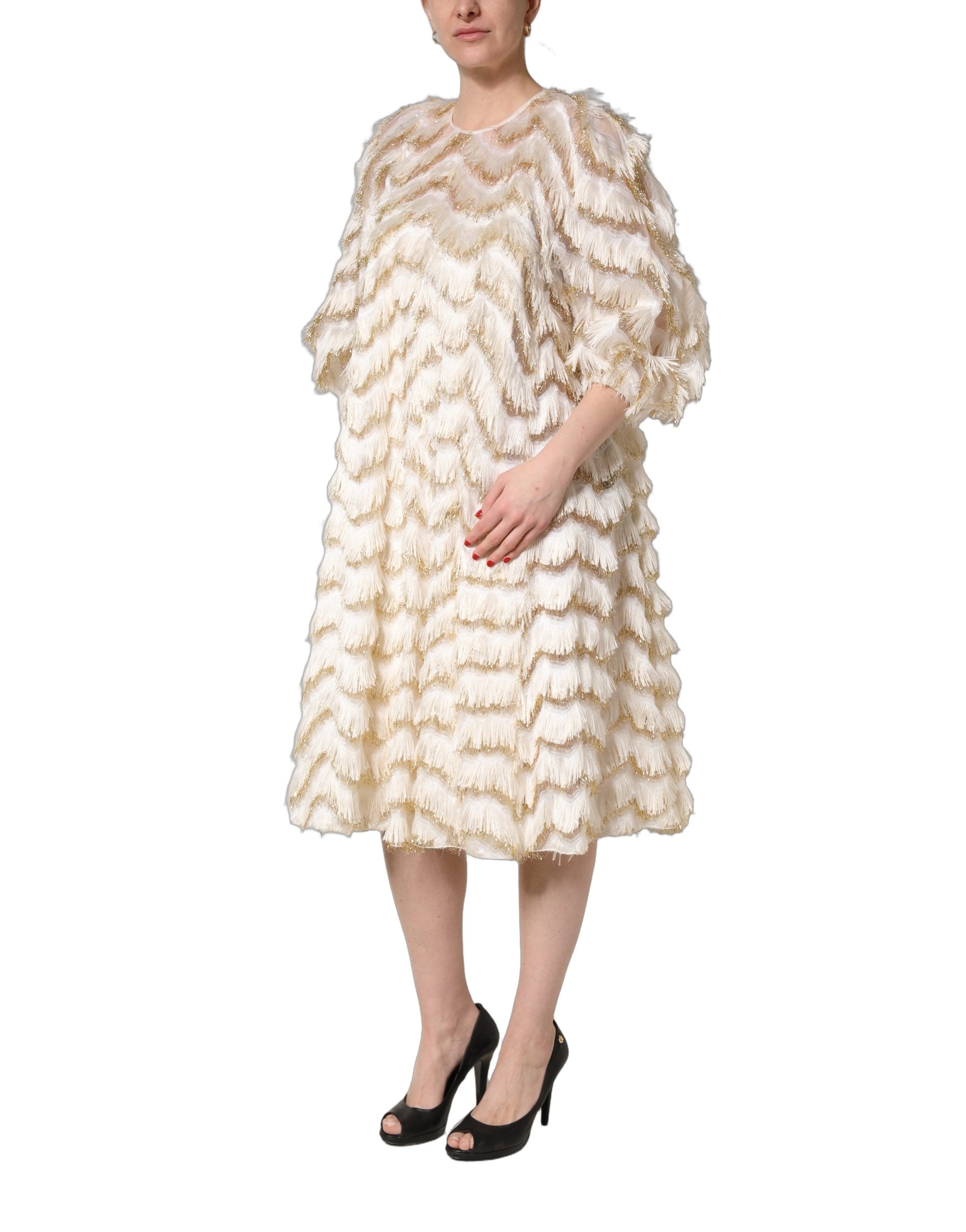 Dolce & Gabbana Ivory Fringe Layered Shift Midi Dress