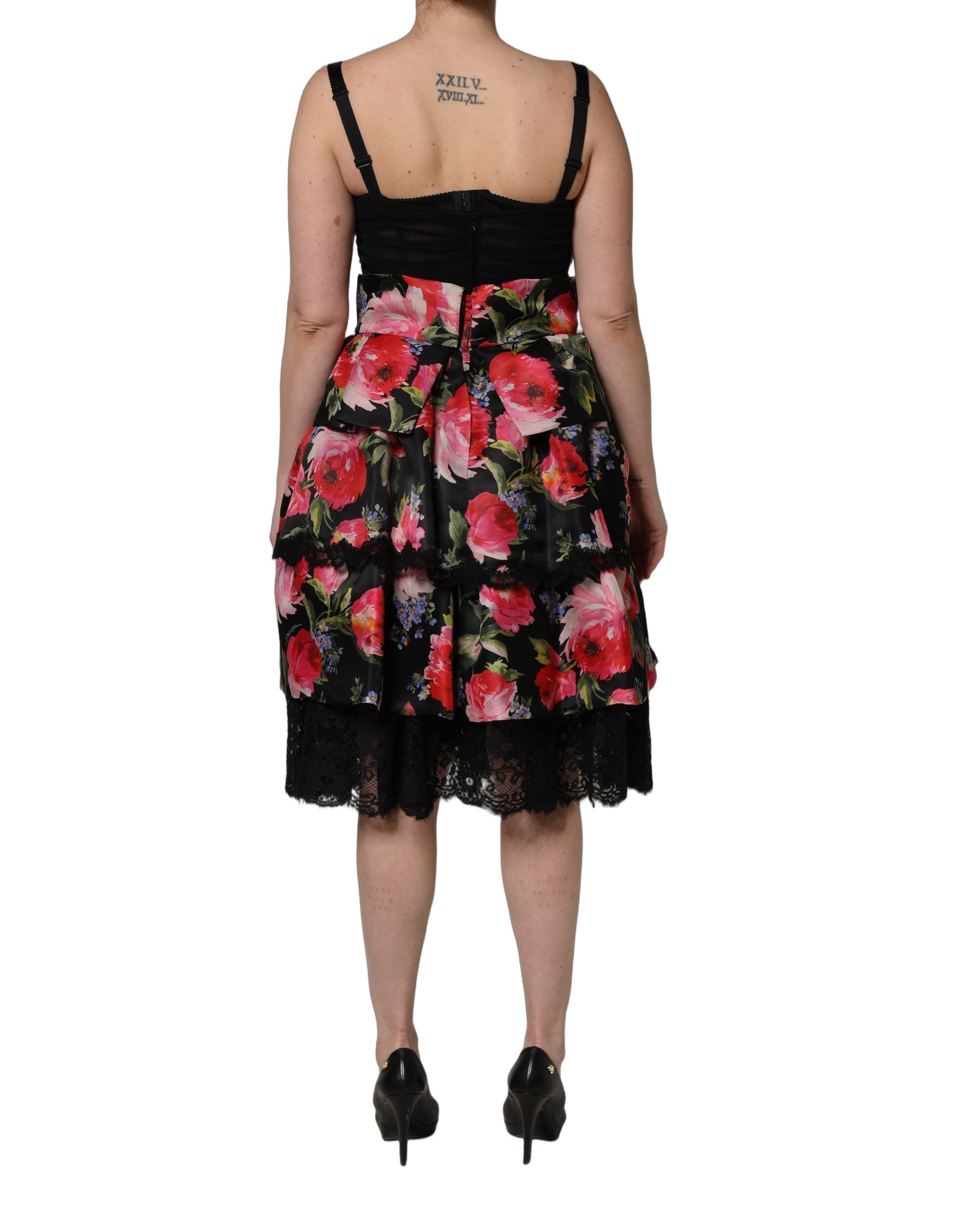 Dolce & Gabbana Black Sleeveless Bustier Floral Print Tiered Dress