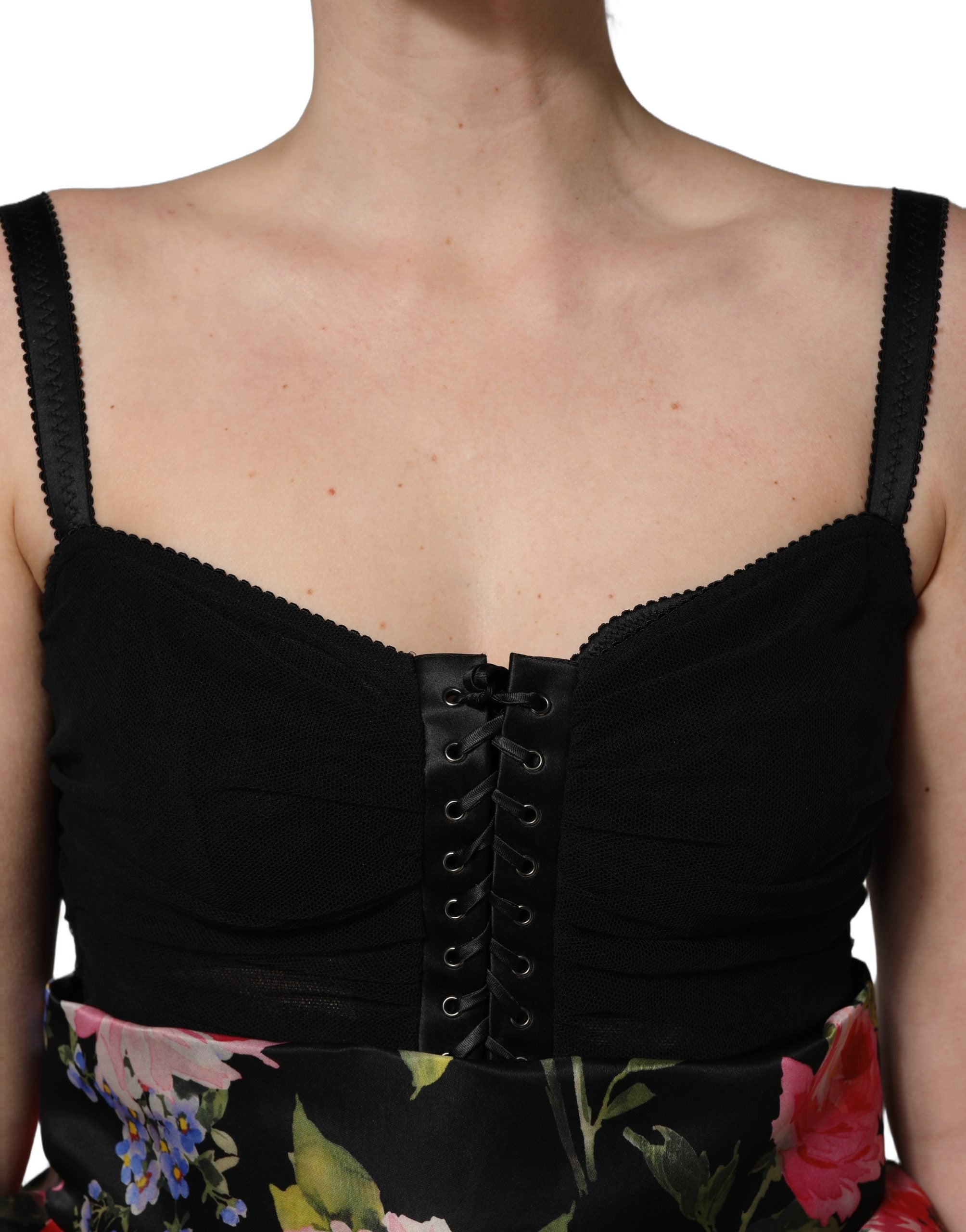 Dolce & Gabbana Black Sleeveless Bustier Floral Print Tiered Dress