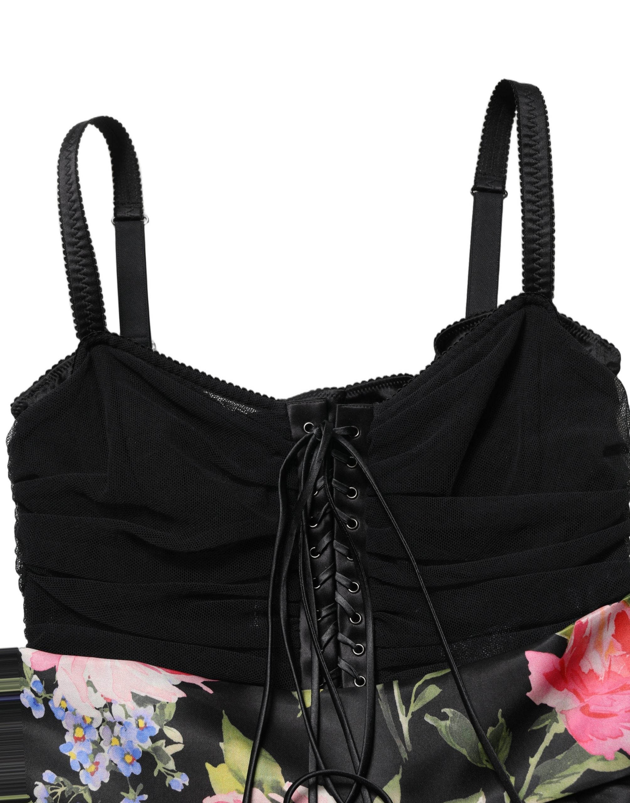 Dolce & Gabbana Black Sleeveless Bustier Floral Print Tiered Dress