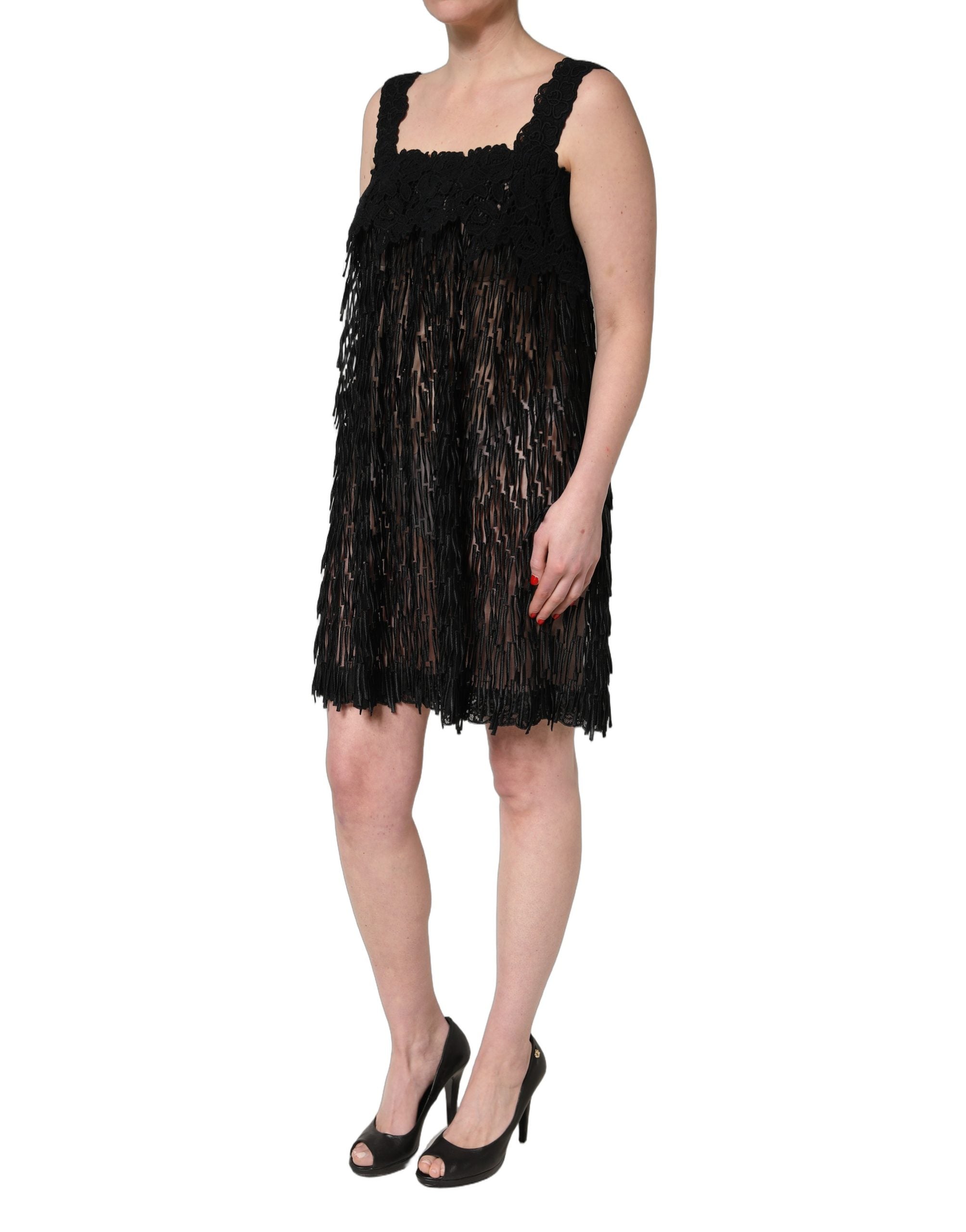Dolce & Gabbana Black Viscose Fringed Sleeveless Mini Dress