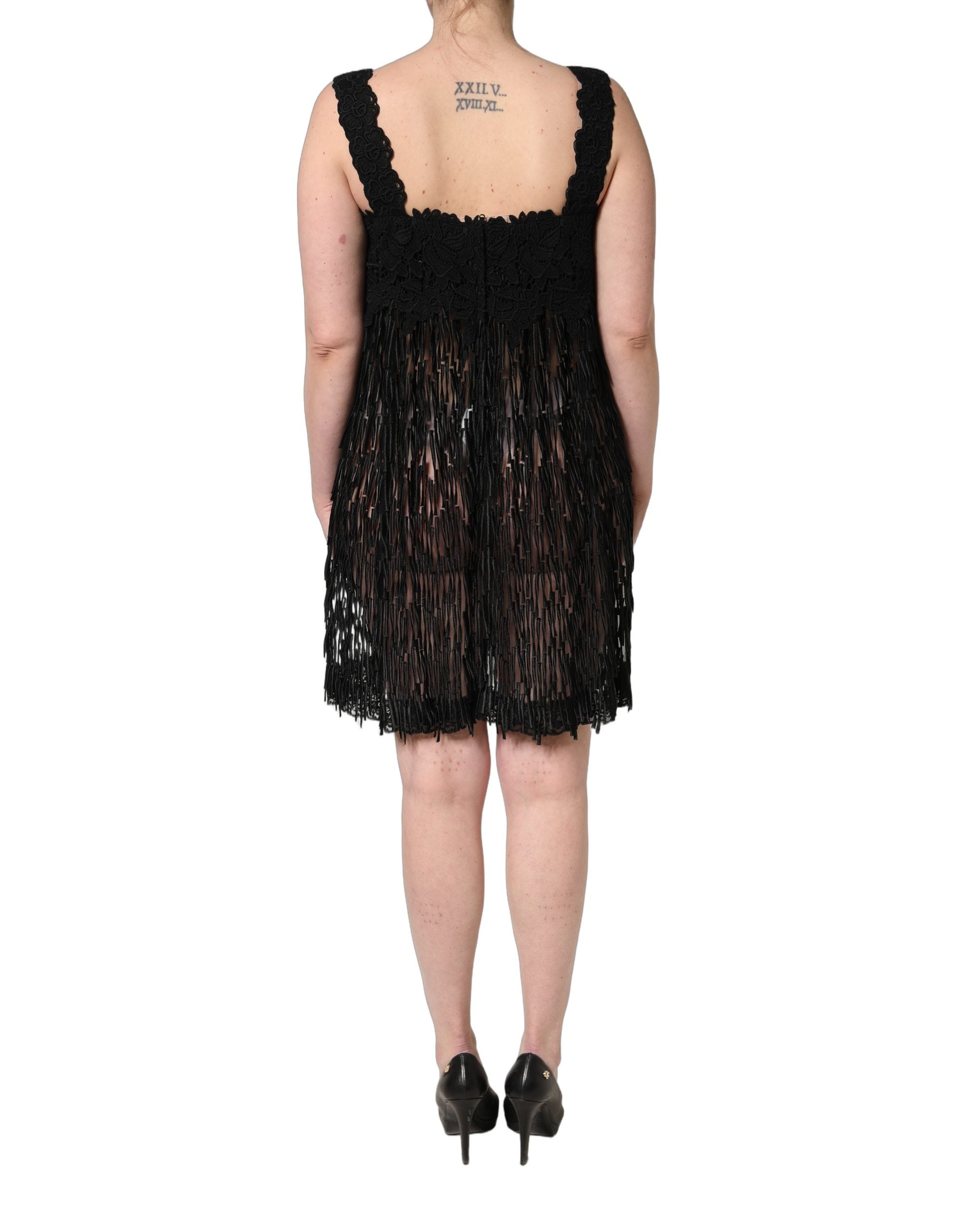 Dolce & Gabbana Black Viscose Fringed Sleeveless Mini Dress