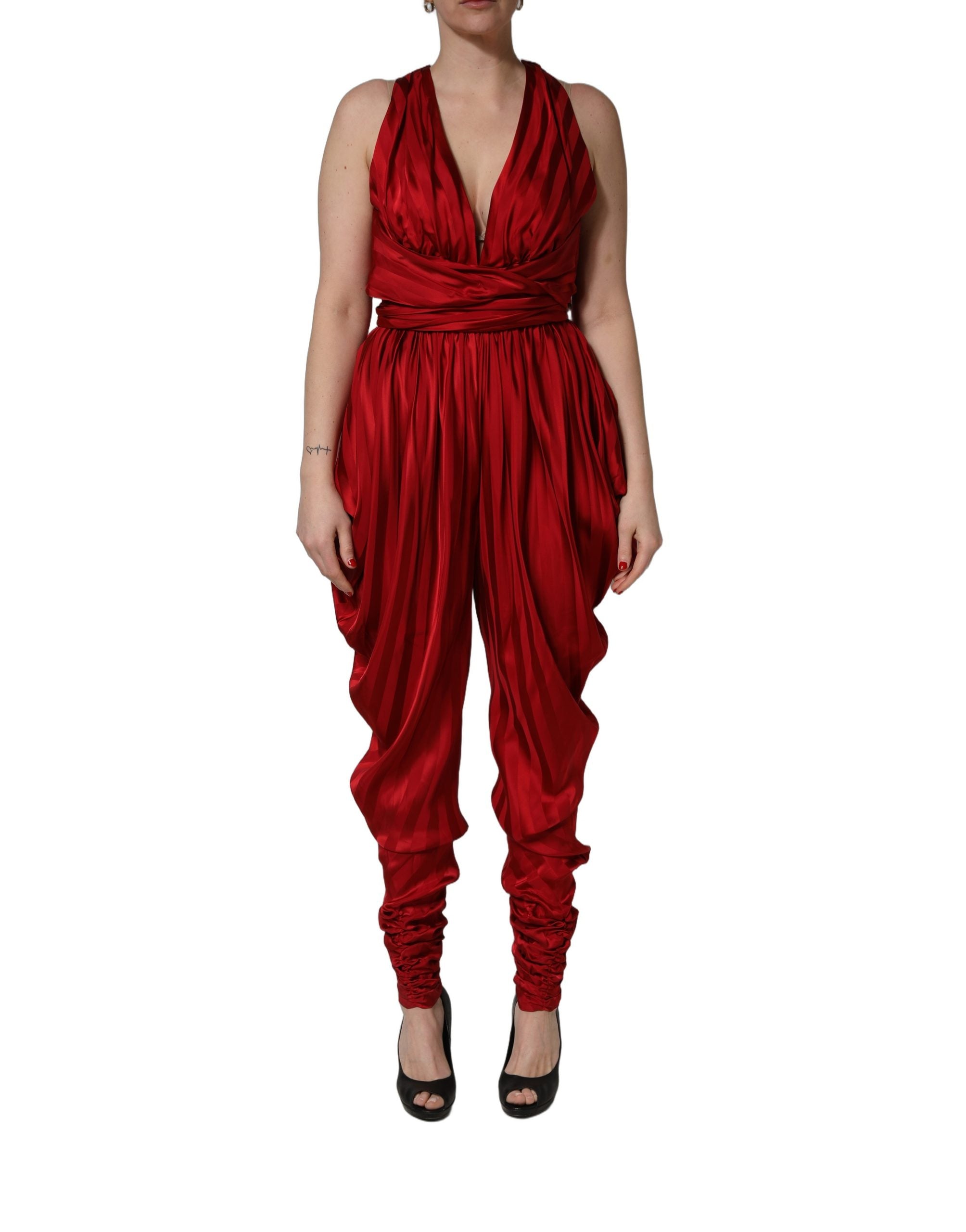 Dolce & Gabbana Red Plunging HalterNeck Draped Jumpsuit