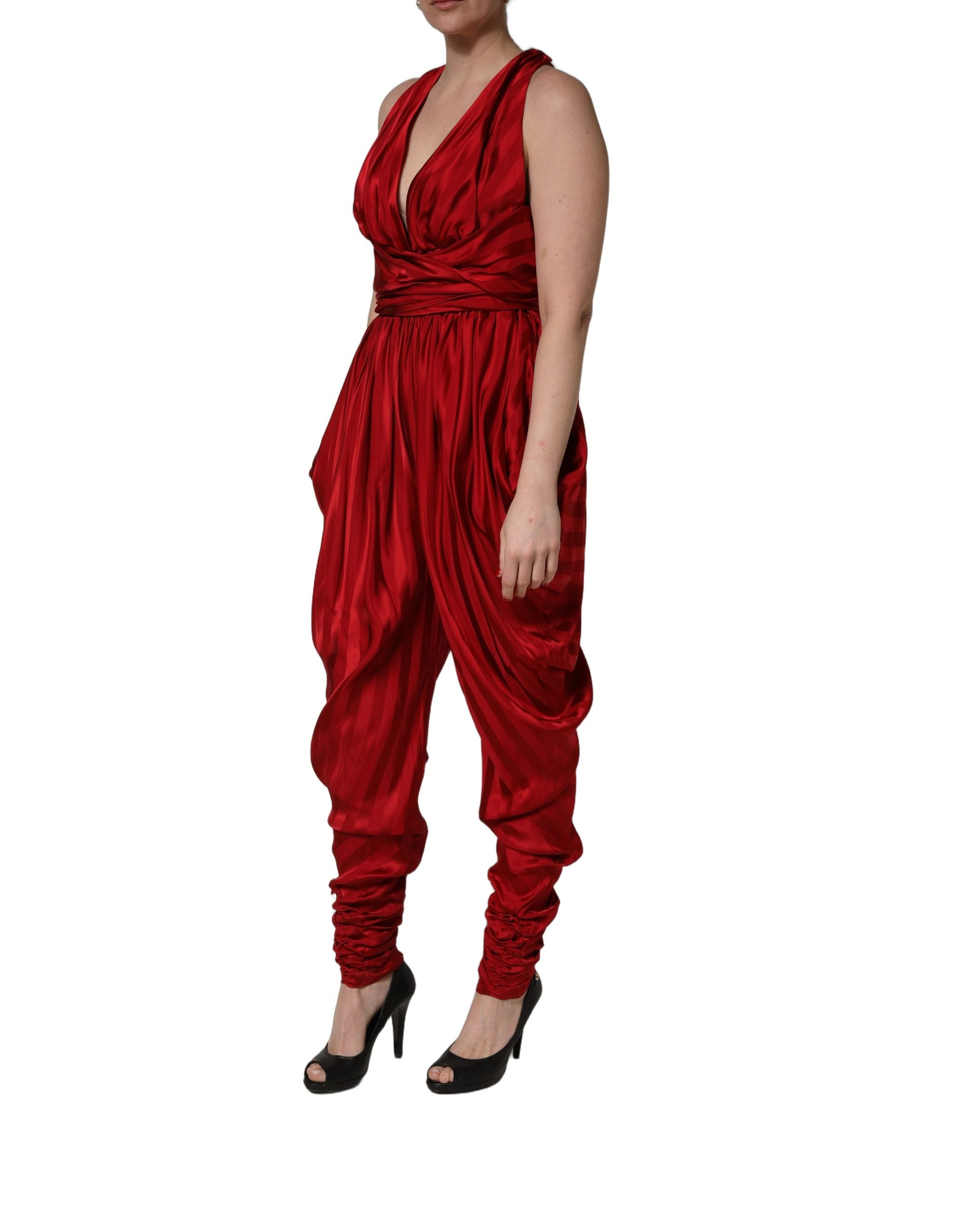 Dolce & Gabbana Red Plunging HalterNeck Draped Jumpsuit