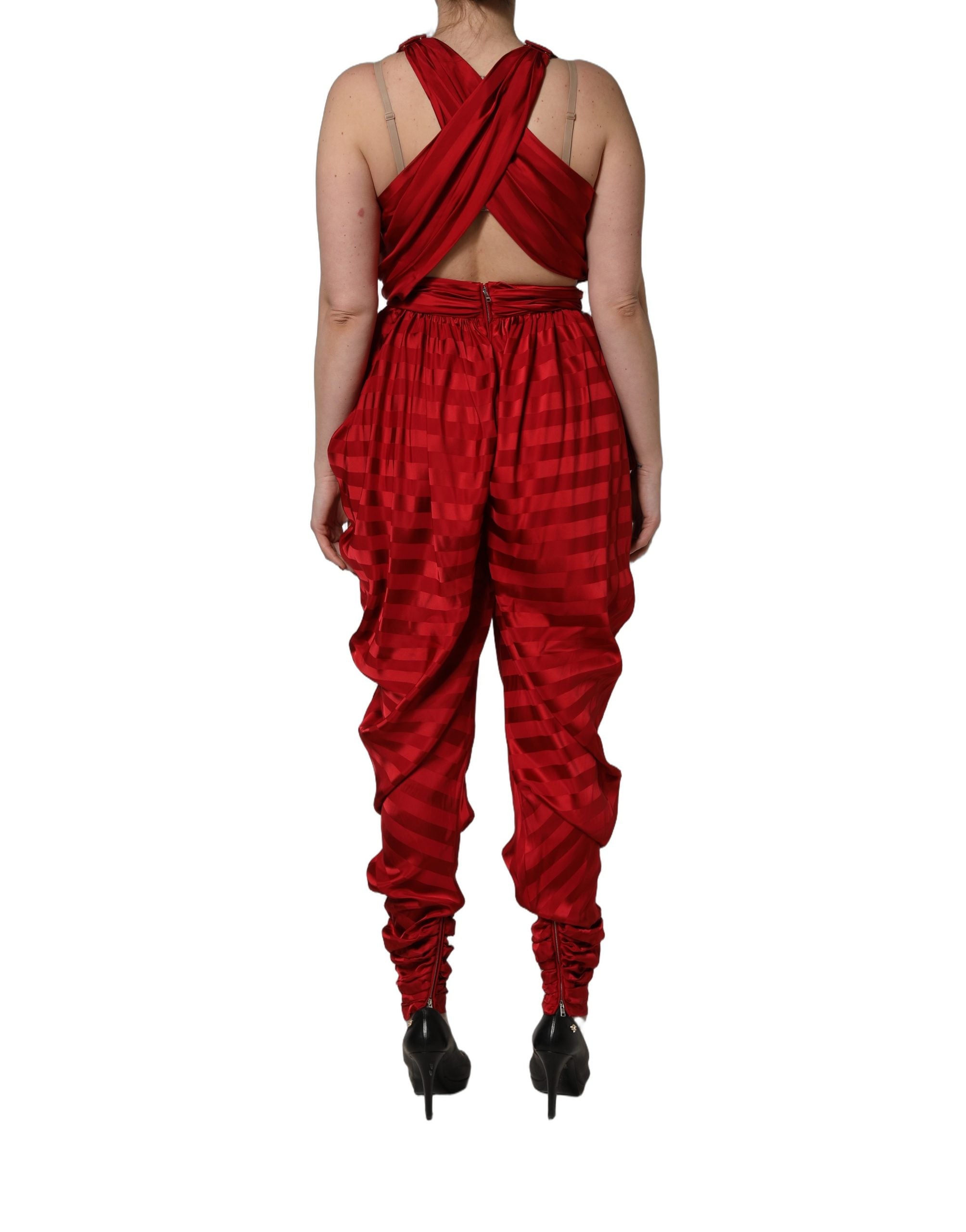 Dolce & Gabbana Red Plunging HalterNeck Draped Jumpsuit