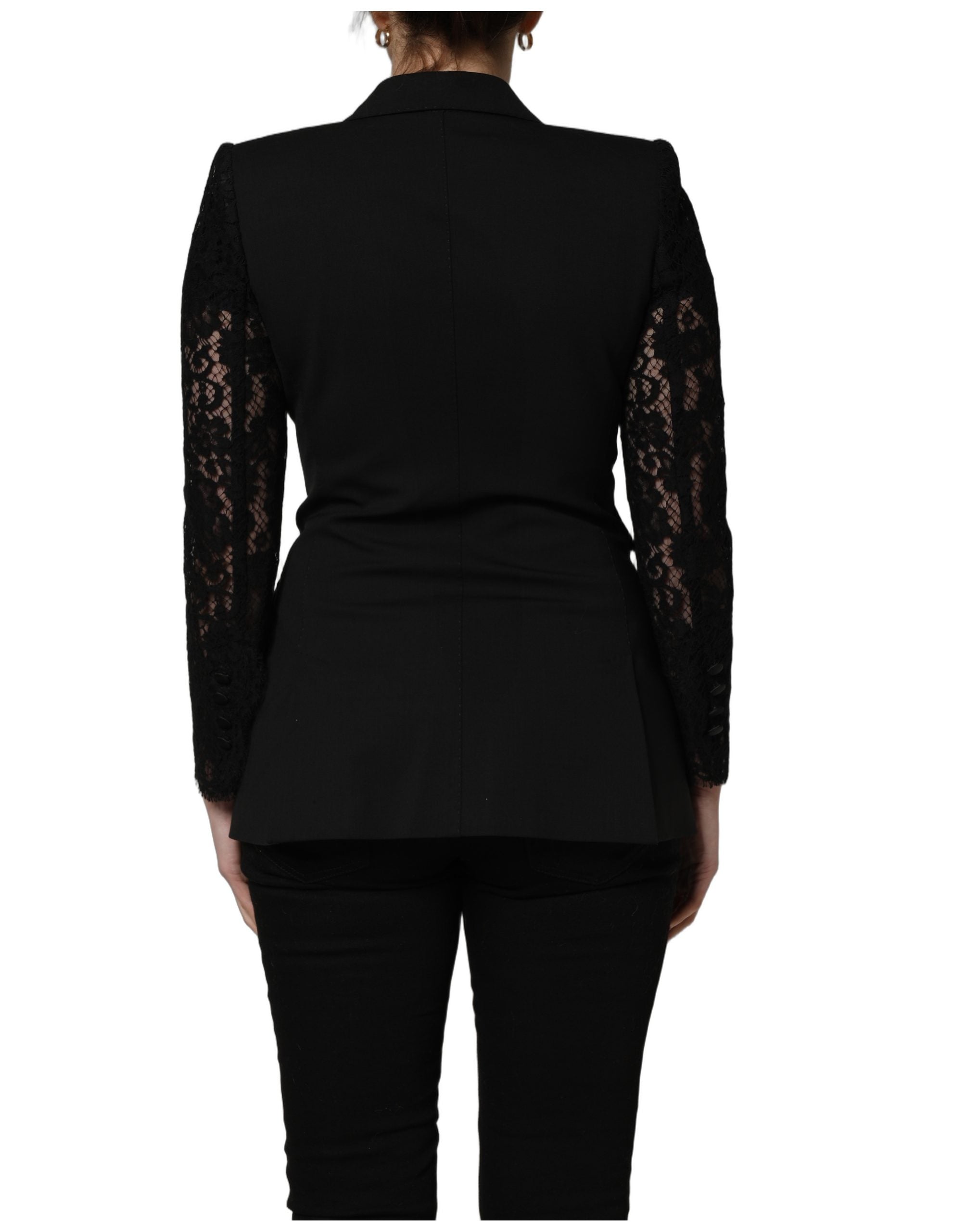 Dolce & Gabbana Black Wool DoubleBreasted Lace Sleeve Jacket
