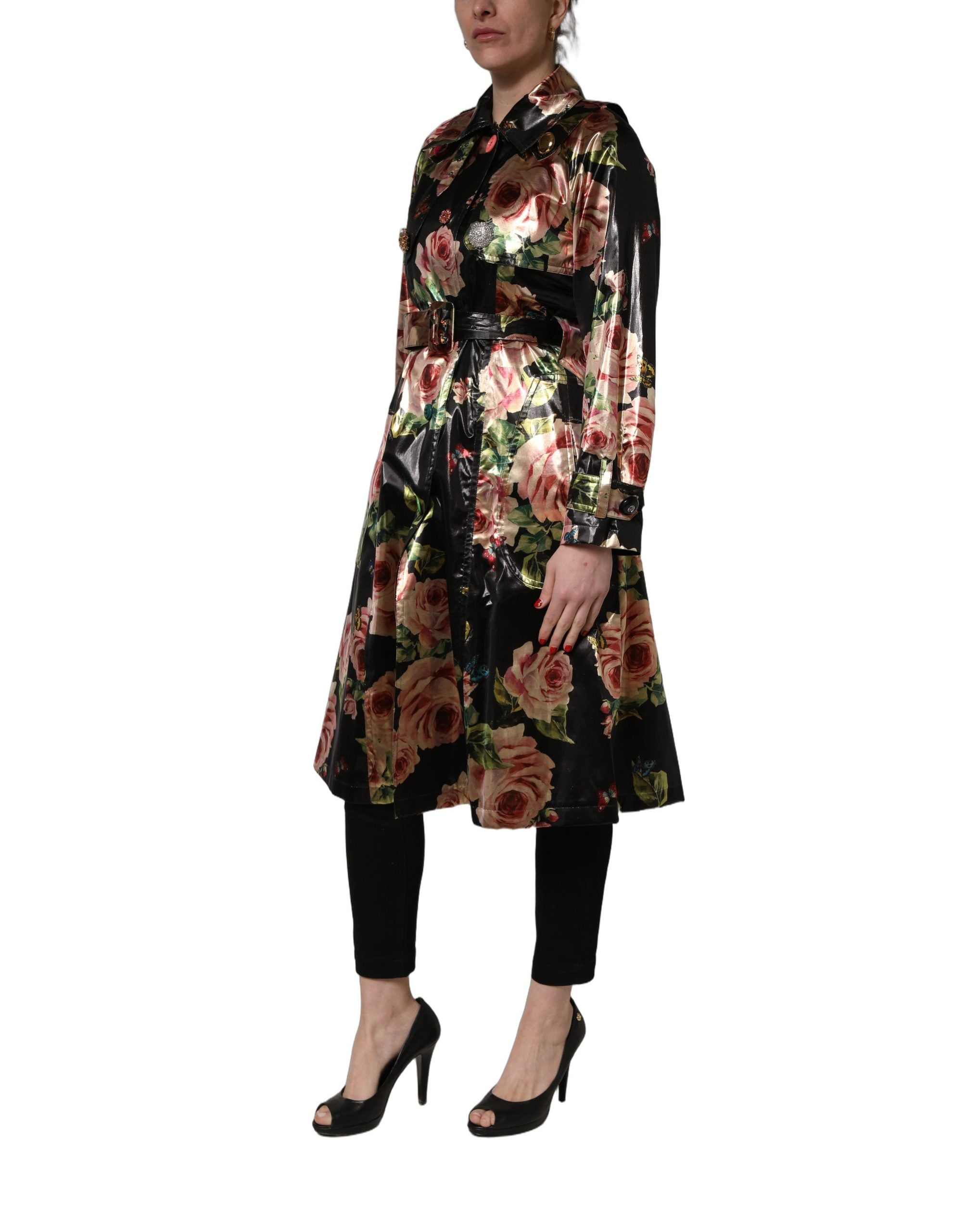 Dolce & Gabbana Black Floral Belted Polyester Trench Coat Jacket