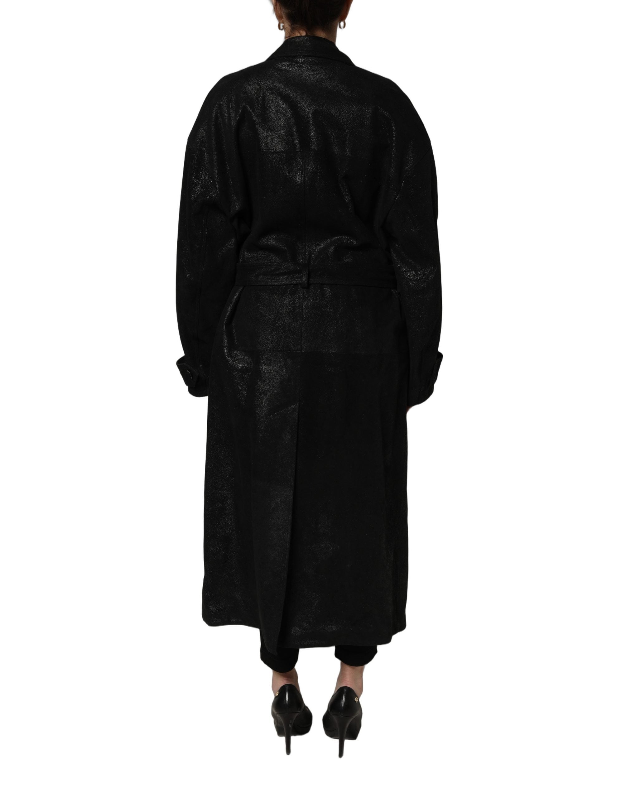 Dolce & Gabbana Black Belted Sheepskin Trench Coat Jacket
