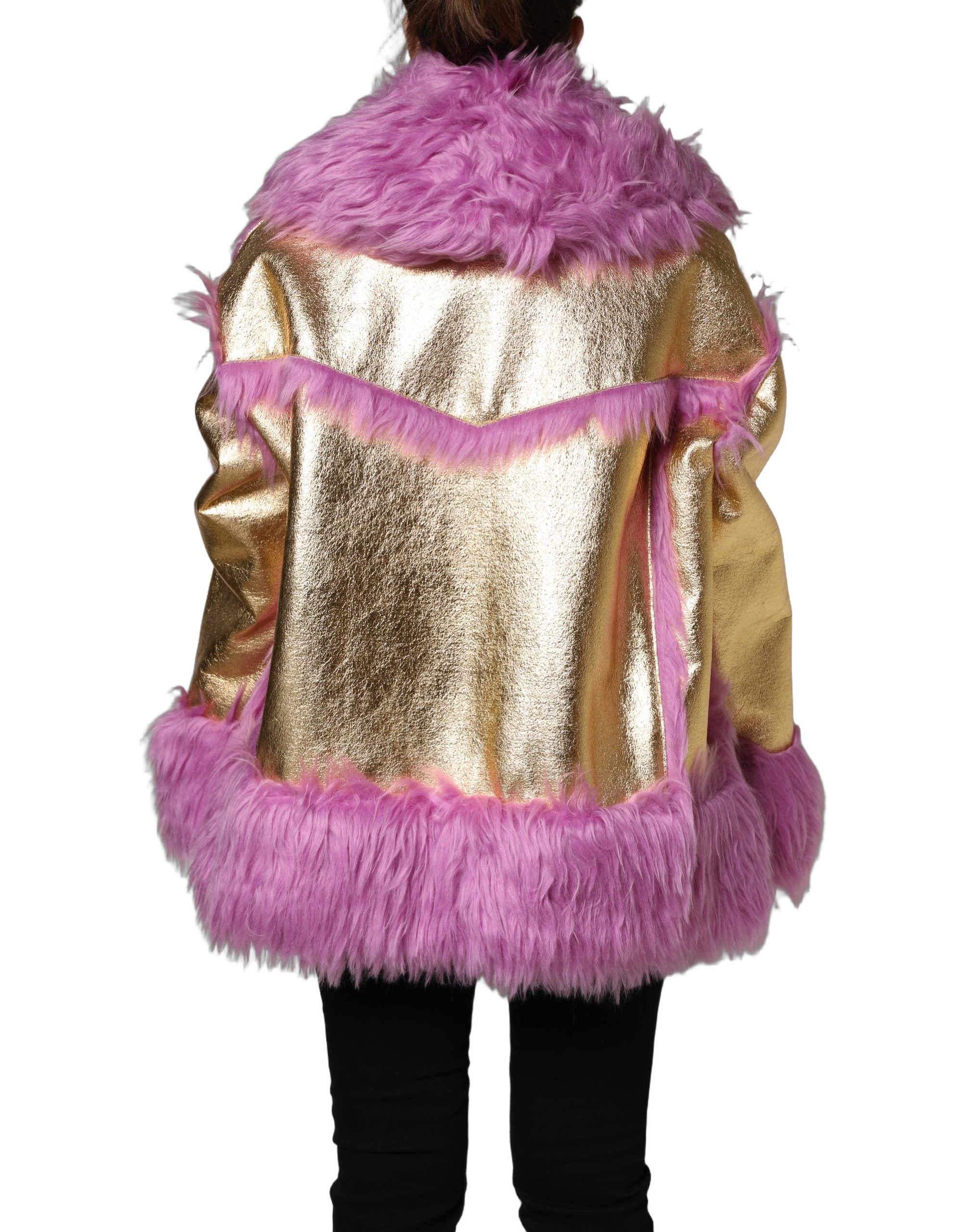 Dolce & Gabbana Pink Plush Faux Fur Gold Leather Coat Jacket