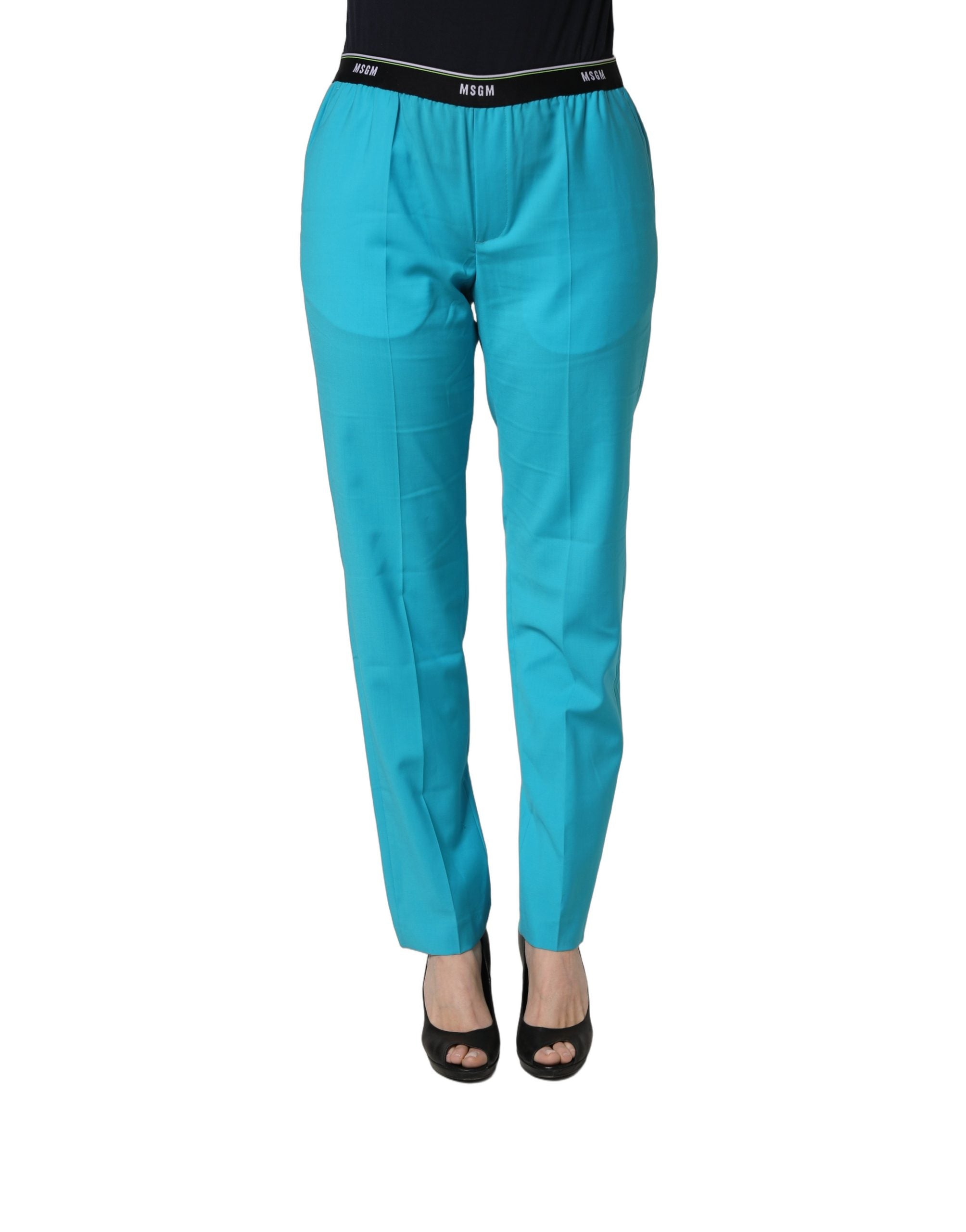 MSGM Blue Wool Mid Waist Tapered Women Trouser Pants