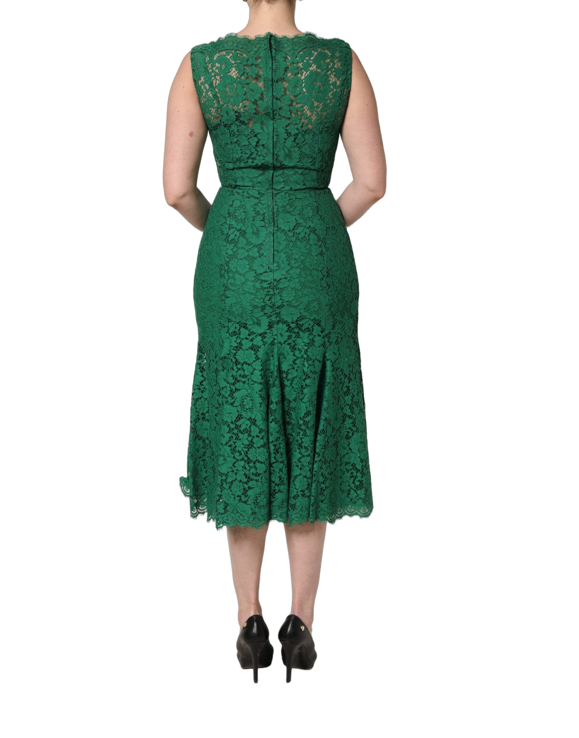 Dolce & Gabbana Green Floral Lace Cotton Sleeveless Midi Dress