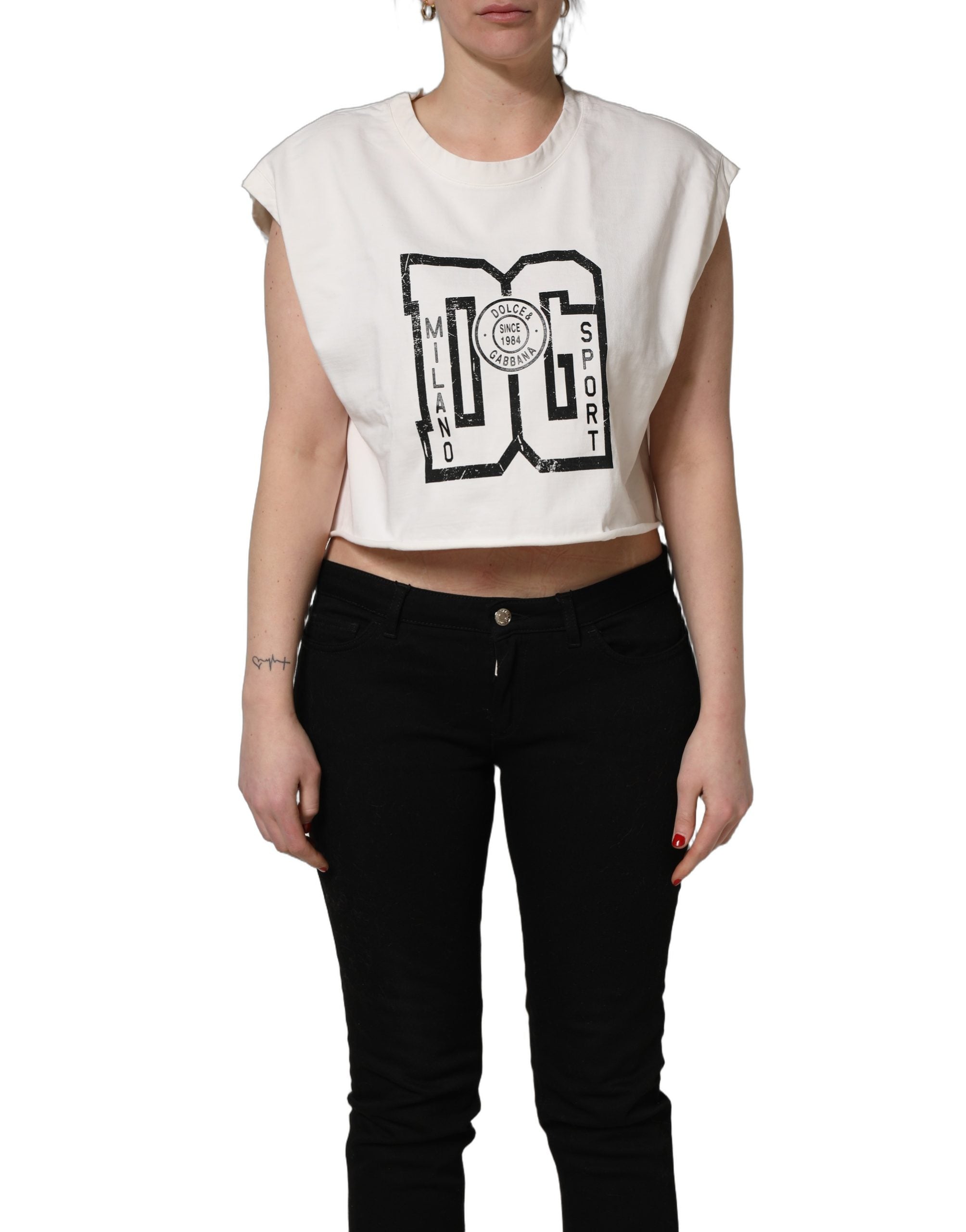 Dolce & Gabbana White Cotton DG Logo Print Cropped Jersey Top