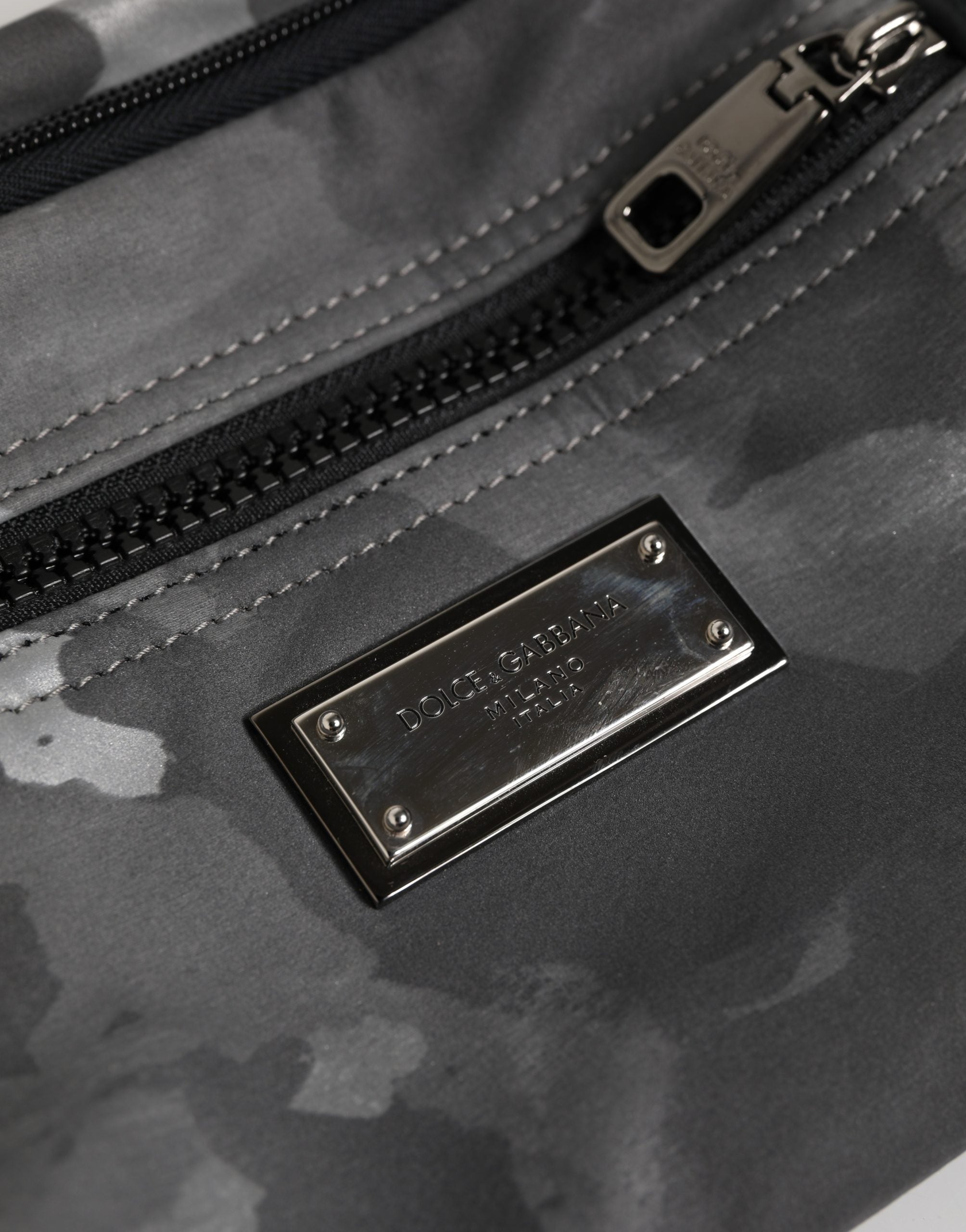 Dolce & Gabbana Black Nylon Brass Plate Camouflage Waist Fanny Pack Bag