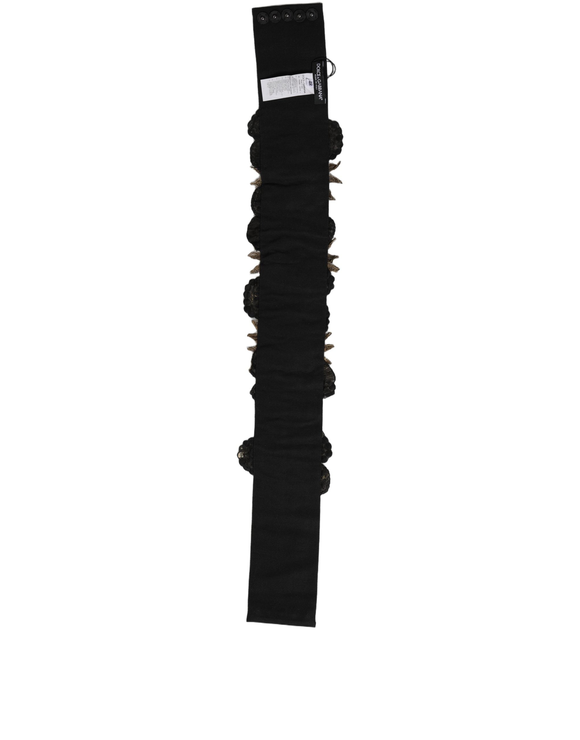 Dolce & Gabbana Black Gold Tone Crystal Brass Flower Brooches Belt
