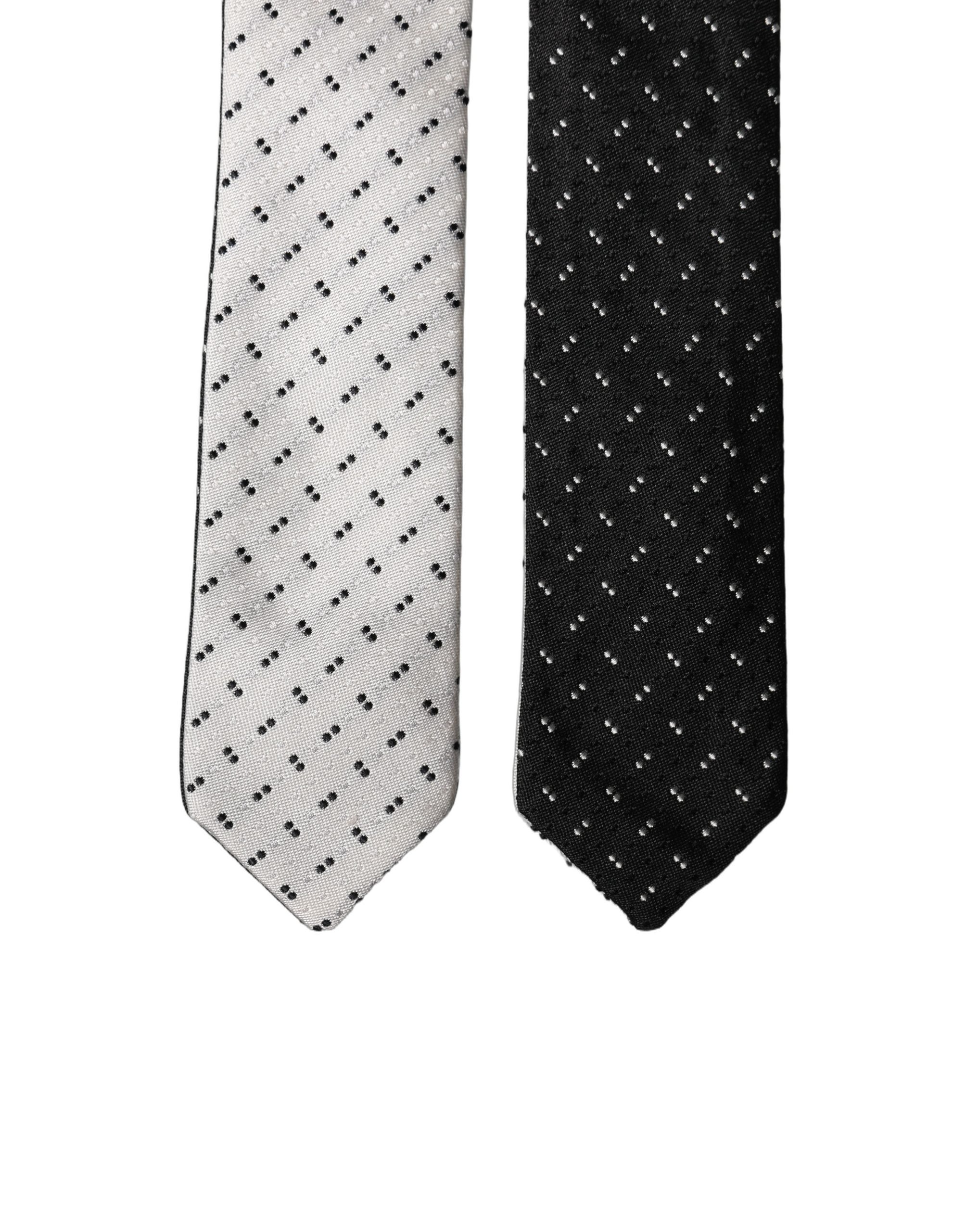 Dolce & Gabbana White Black Patterned Silk Adjustable Men Necktie Tie