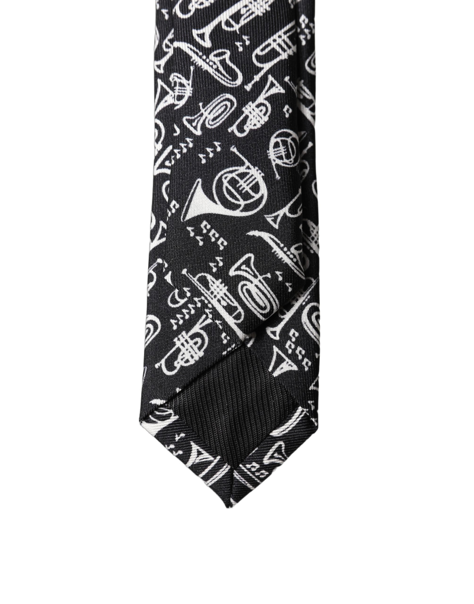 Dolce & Gabbana Black Trumpet Print Silk Adjustable Men Tied Necktie Tie