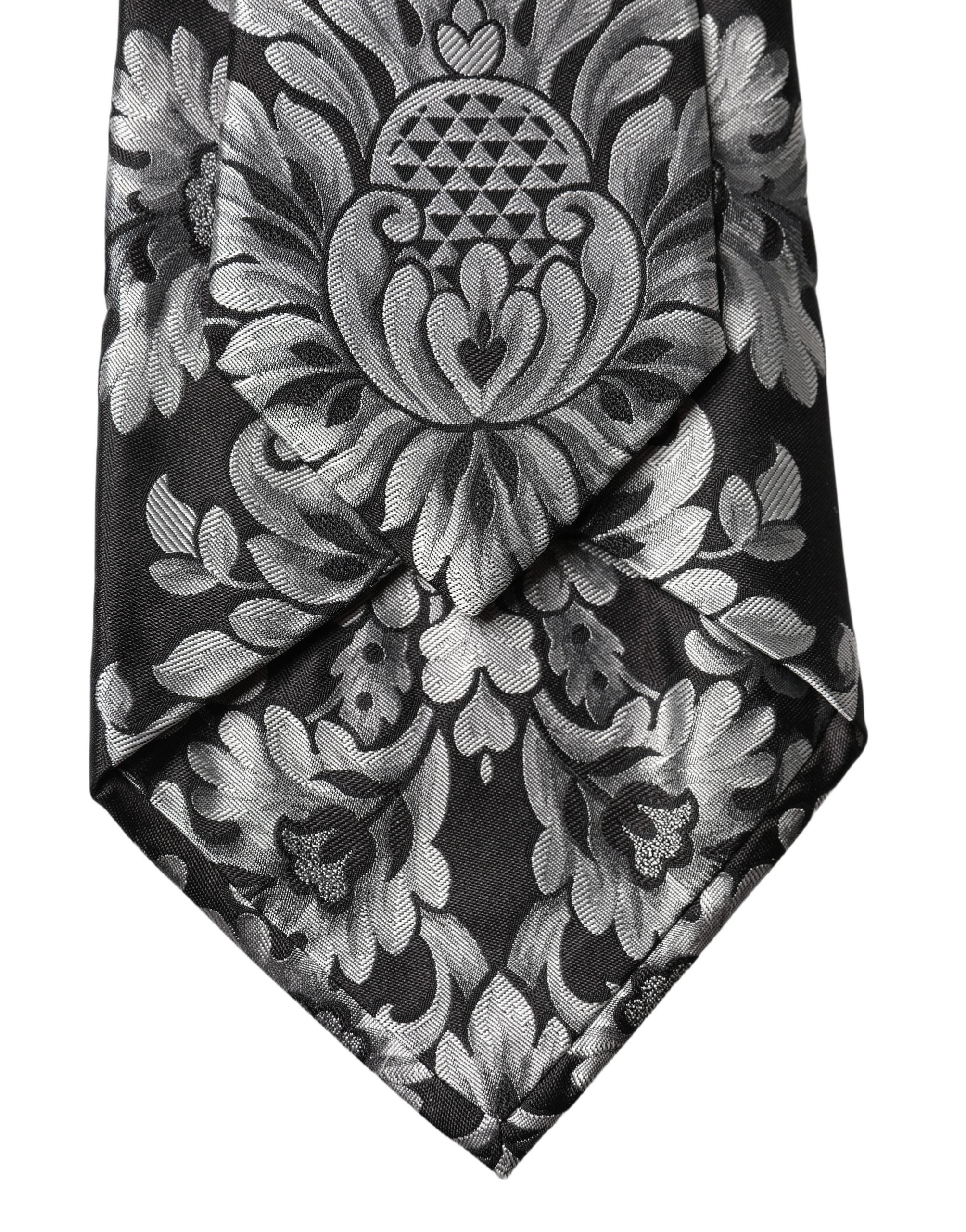 Dolce & Gabbana Black Silver Floral Silk Adjustable Women Necktie Tie