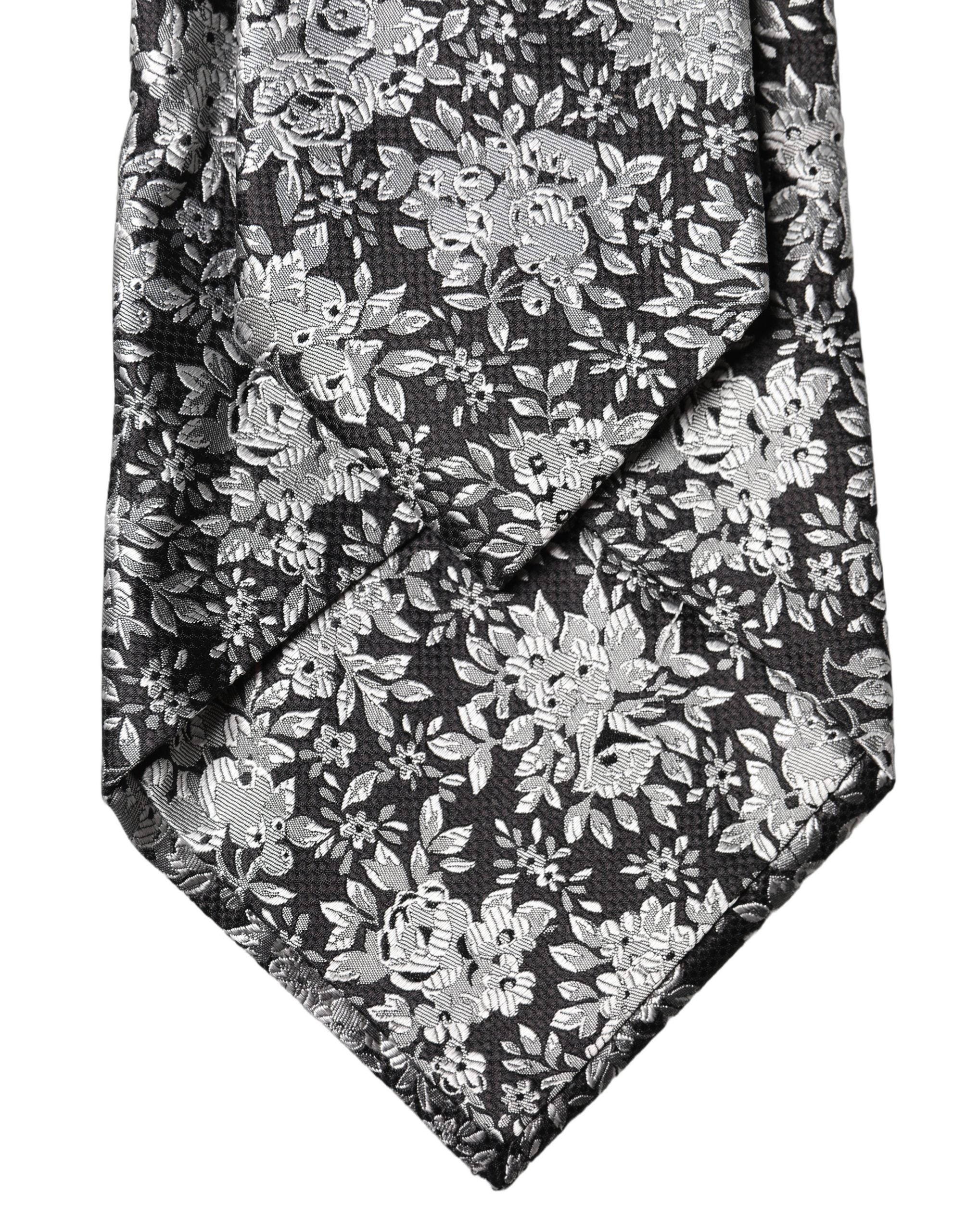 Dolce & Gabbana Black Silver Floral Silk Adjustable Women Necktie Tie