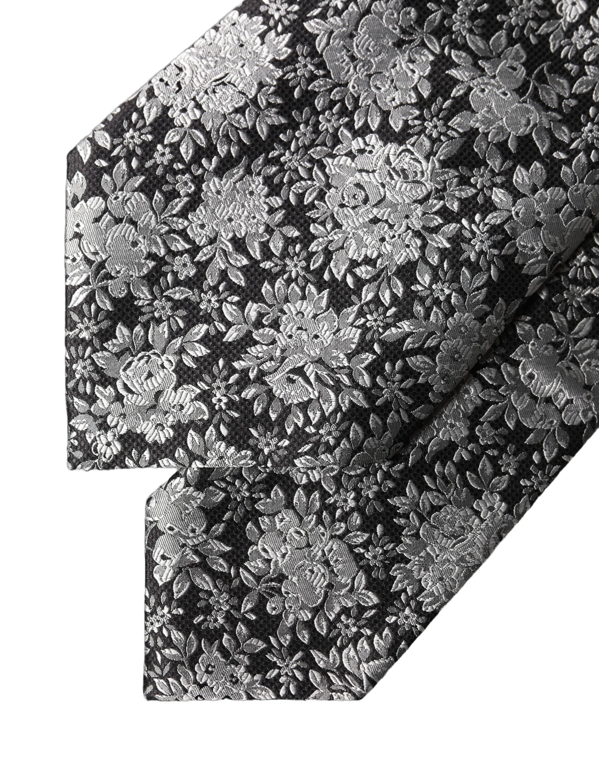 Dolce & Gabbana Black Silver Floral Silk Adjustable Women Necktie Tie