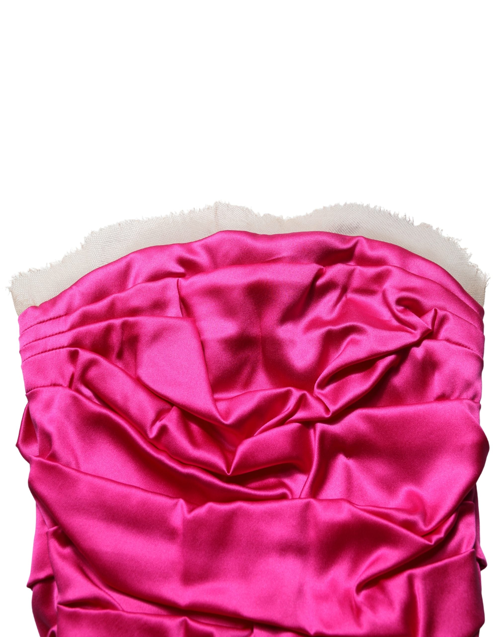 Dolce & Gabbana Hot Pink Ruched Satin Strapless Gown Dress