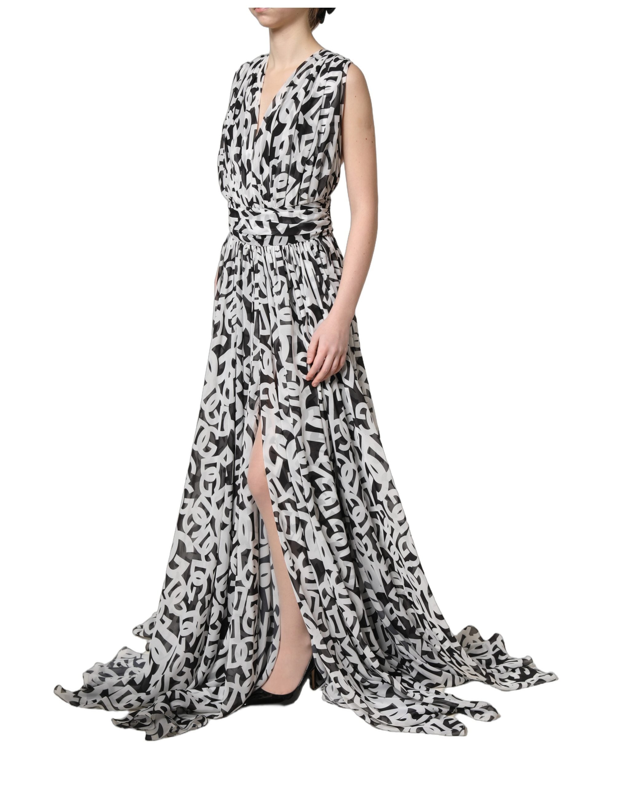 Dolce & Gabbana Black White Logo Sleeveless Floor Length Maxi Dress