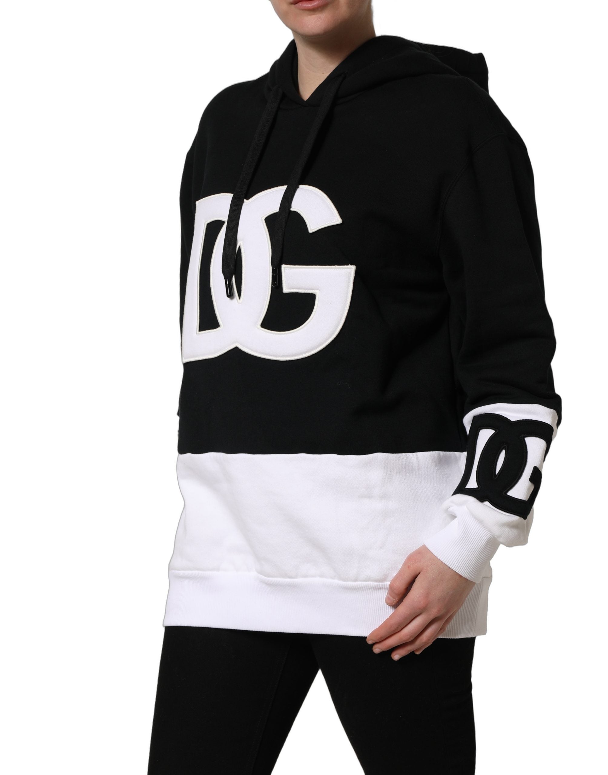 Dolce & Gabbana BlackWhite Appliqué Hooded Sweatshirt Sweater
