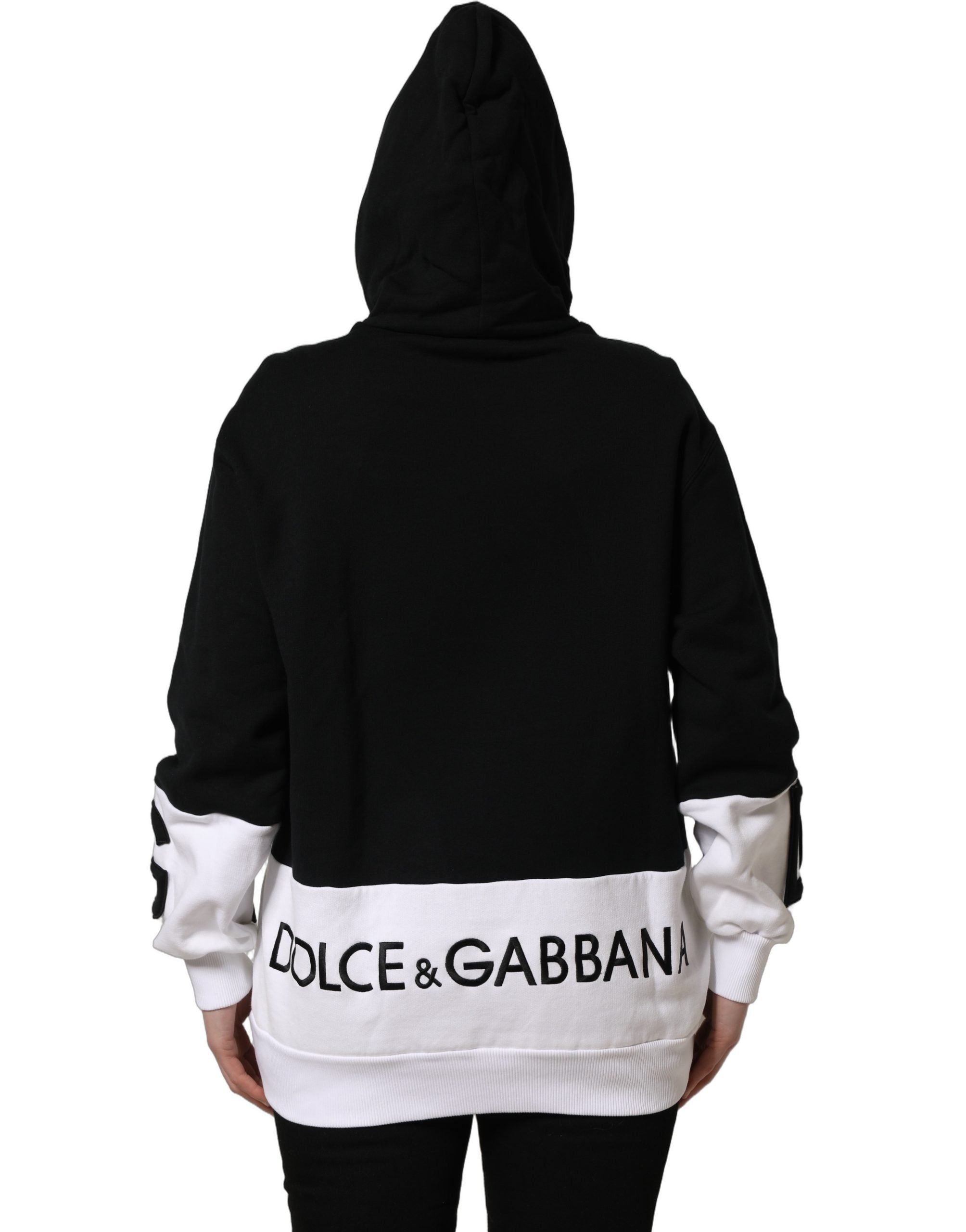 Dolce & Gabbana BlackWhite Appliqué Hooded Sweatshirt Sweater