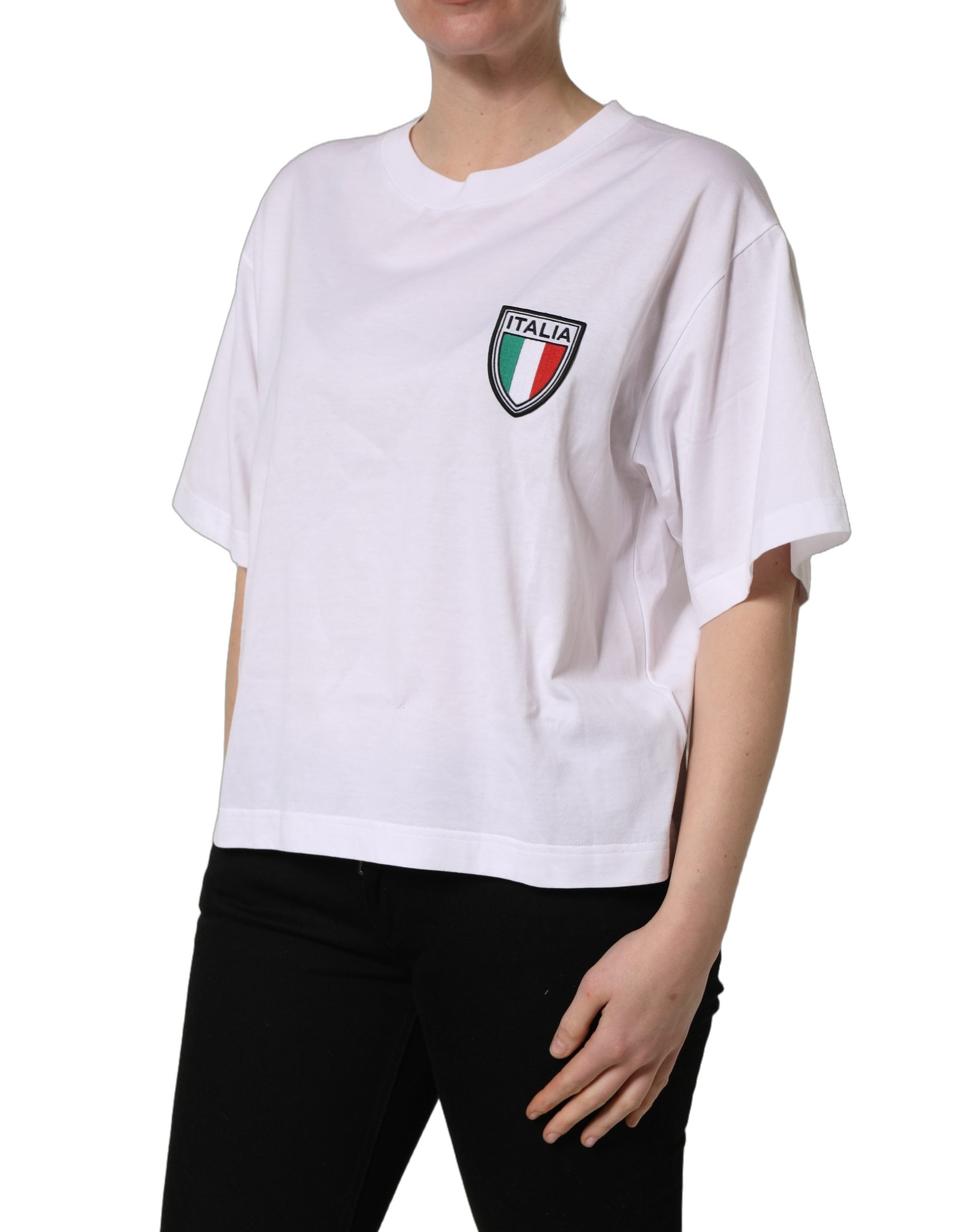 Dolce & Gabbana White Italia Flag Patch Round Neck T-shirt