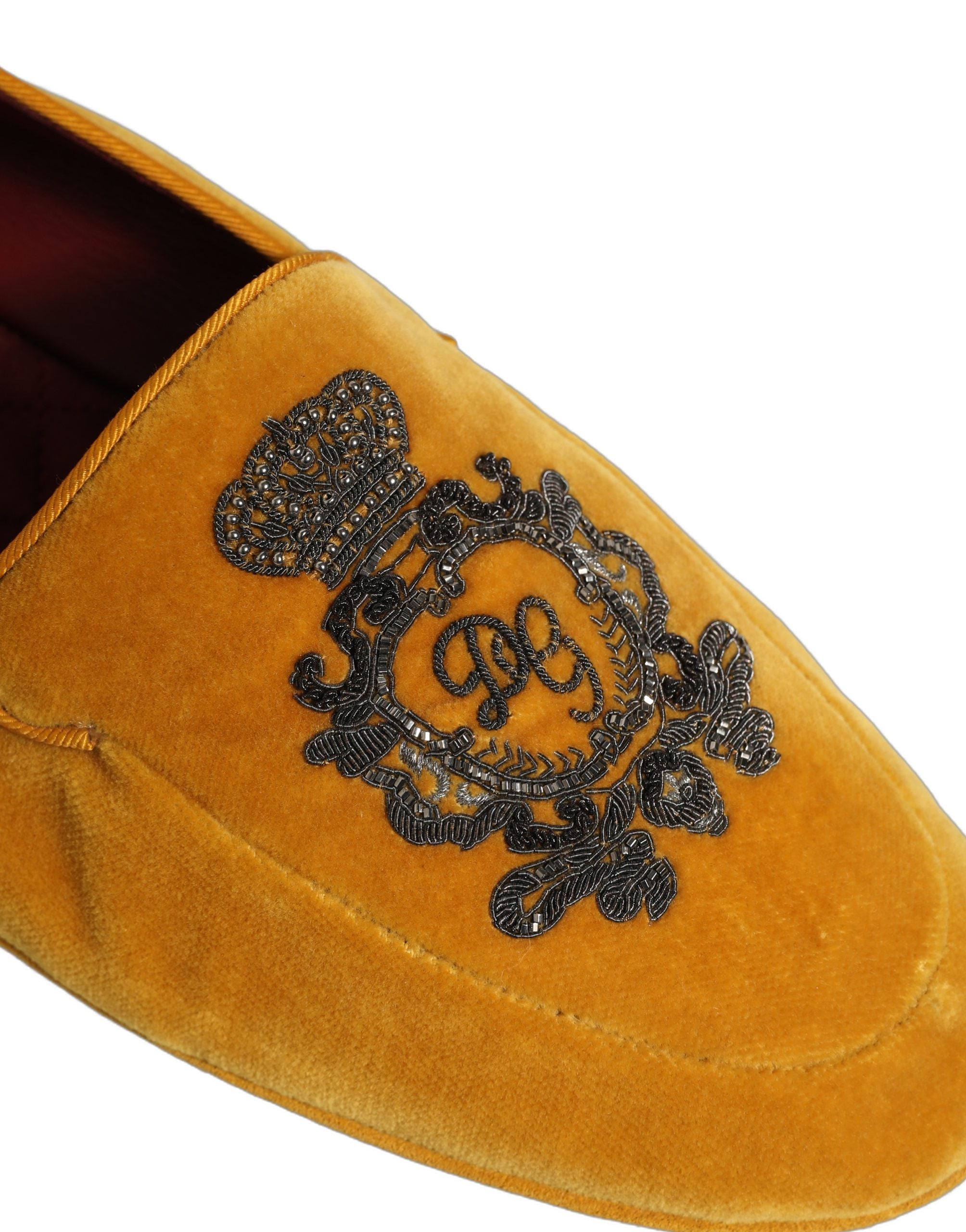 Dolce & Gabbana Yellow Velvet Crown Embroidery Loafers Shoes