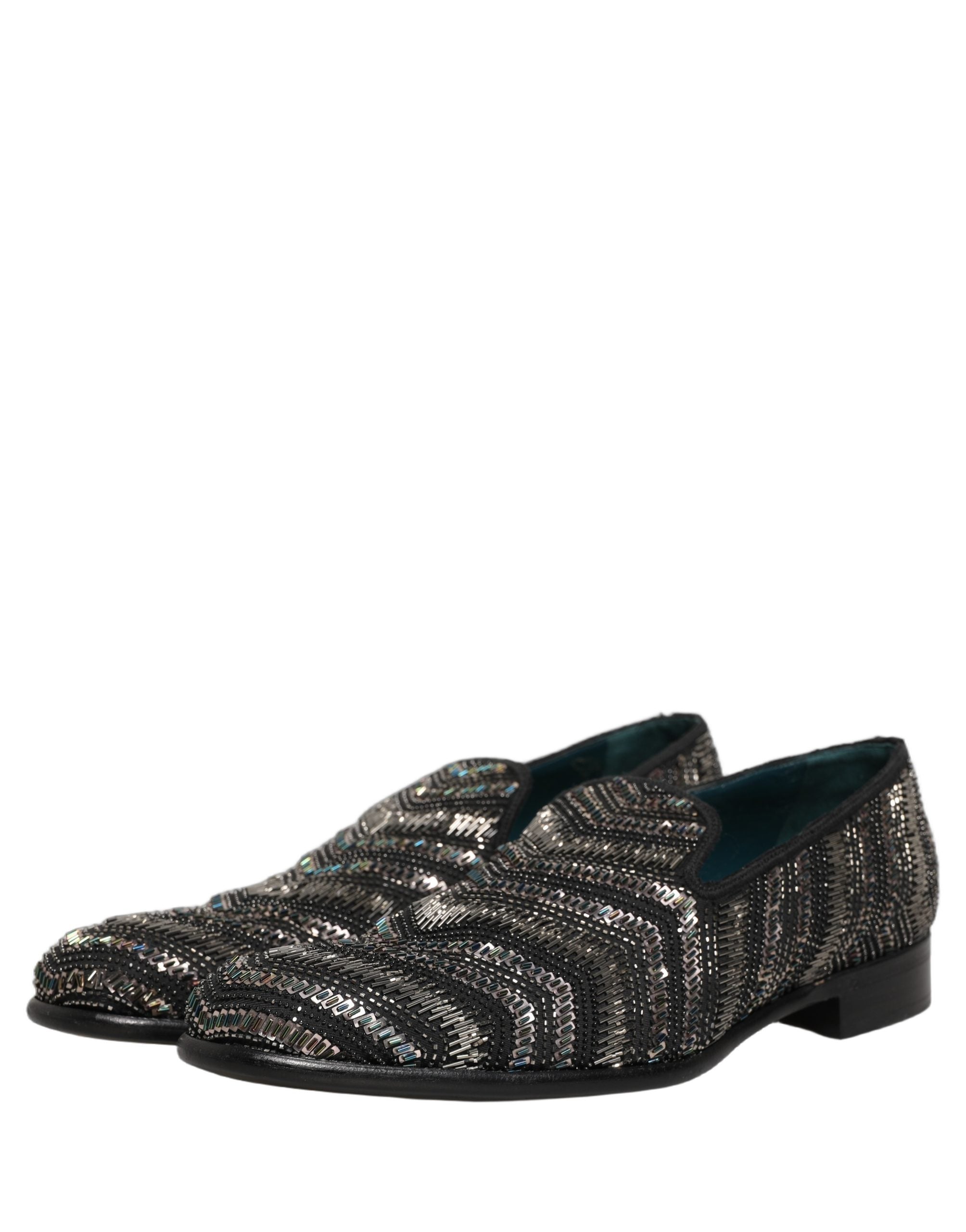 Dolce & Gabbana Black Silver Embellished Slip On Loafers Shoes
