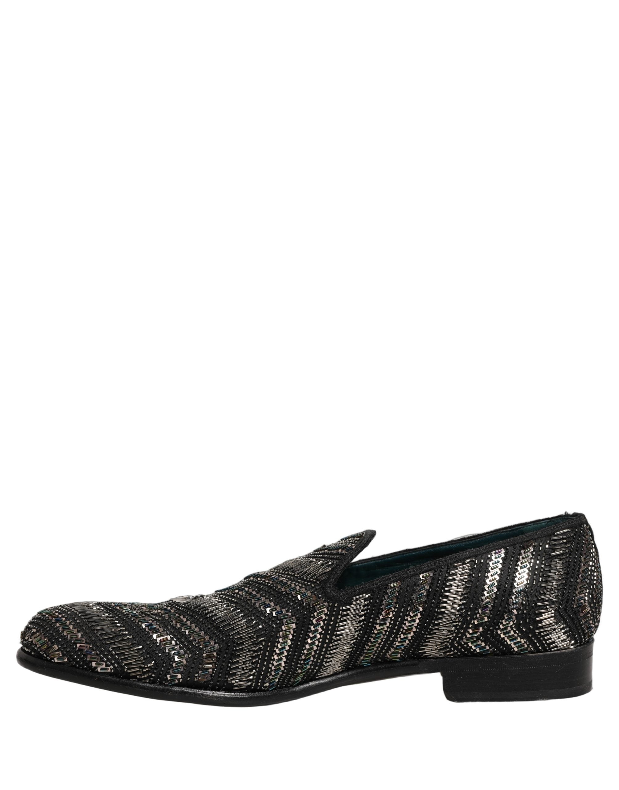 Dolce & Gabbana Black Silver Embellished Slip On Loafers Shoes
