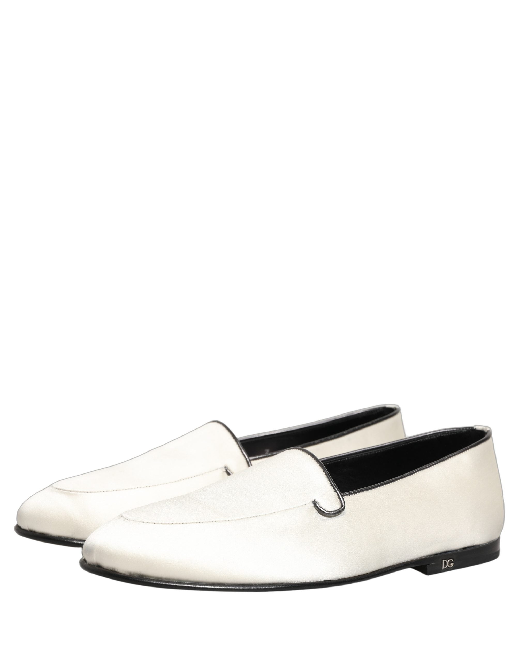 Dolce & Gabbana White Satin Logo Slip On Flats Loafers Shoes