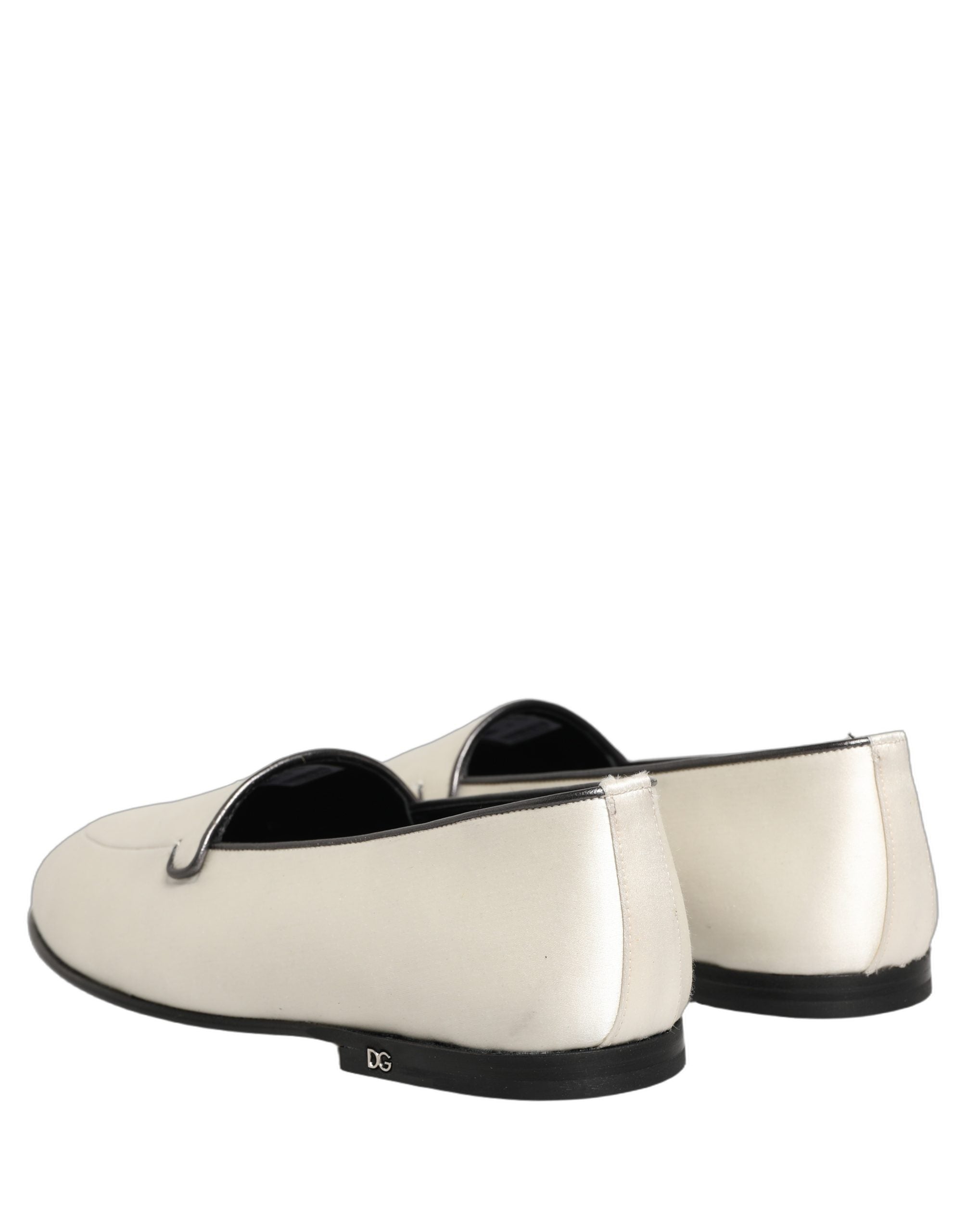 Dolce & Gabbana White Satin Logo Slip On Flats Loafers Shoes