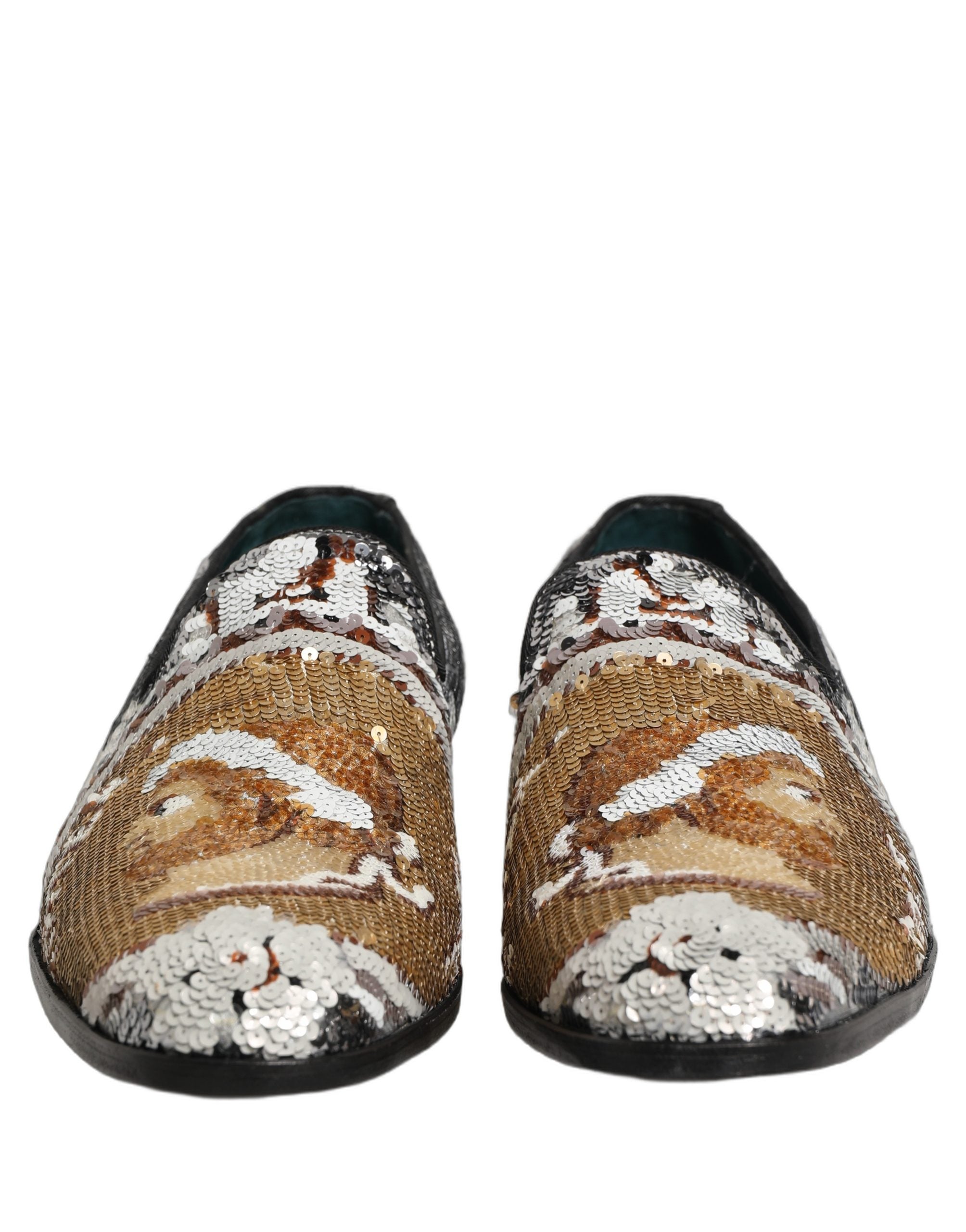 Dolce & Gabbana White Gold Sequined Slip On Loafers Shoes