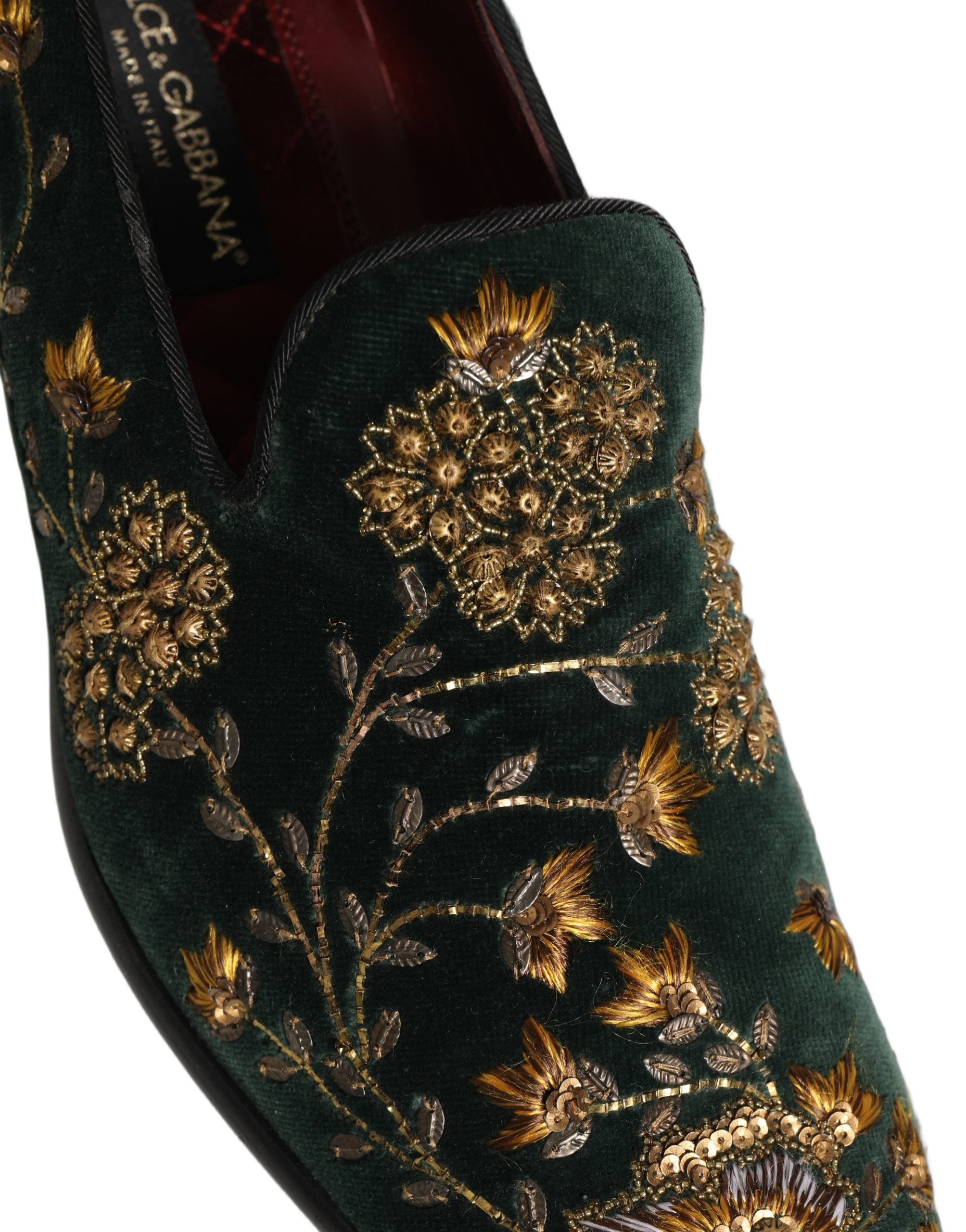 Dolce & Gabbana Green Floral Embroidery Dress Loafers Shoes