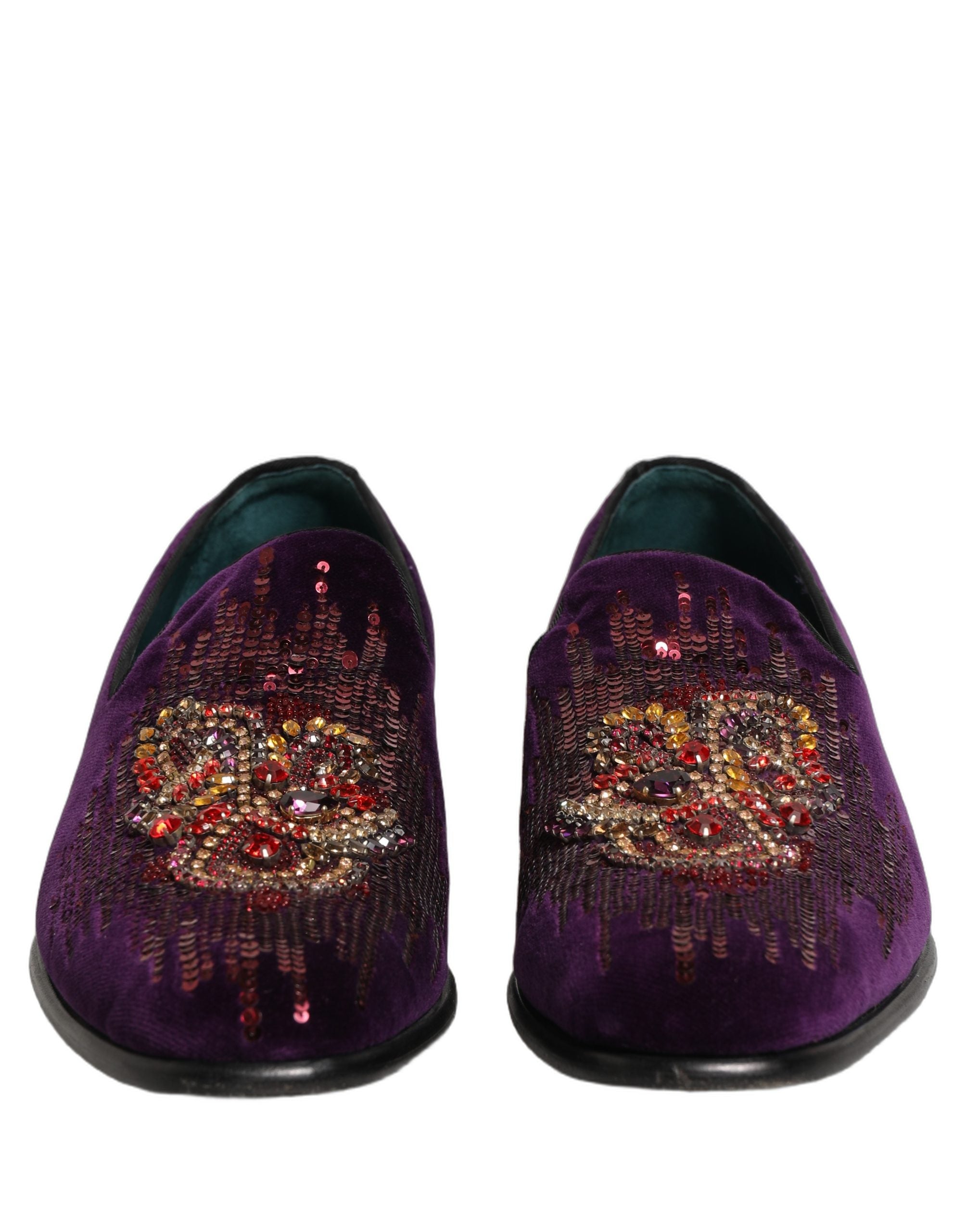 Dolce & Gabbana Violet Velvet Rhinestone Sequin Loafers Shoes