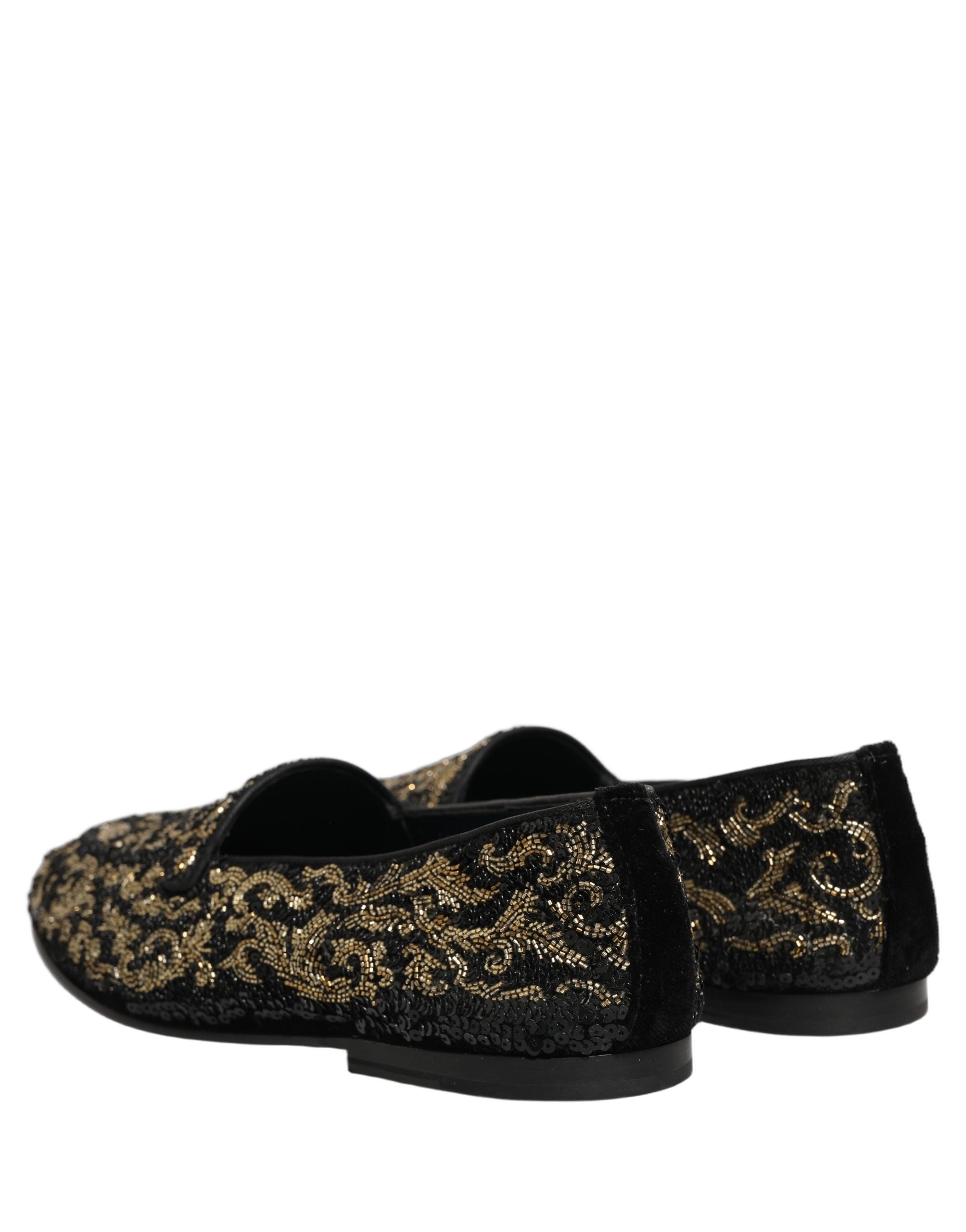 Dolce & Gabbana Black Gold Embellished Dress Loafers Shoes
