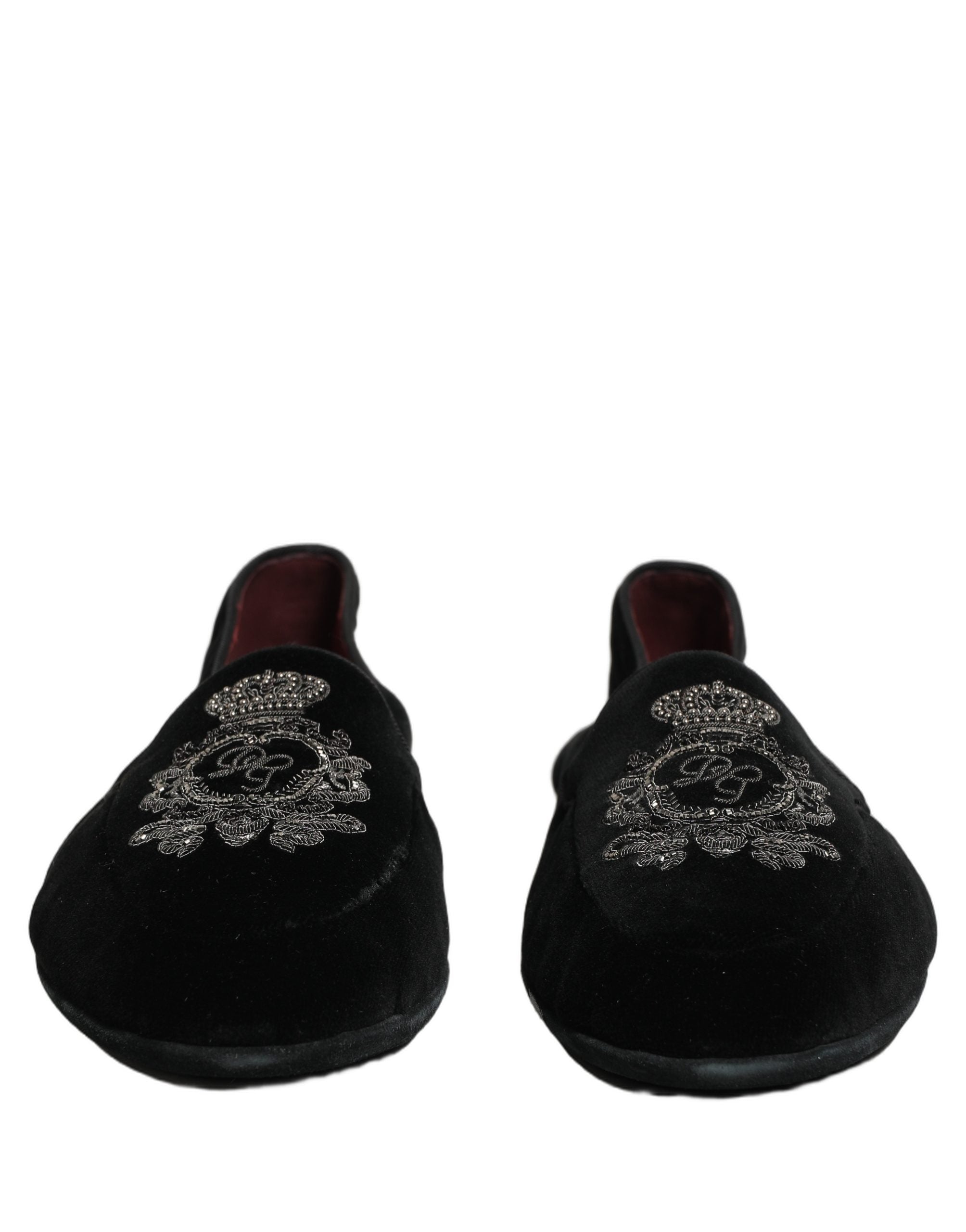 Dolce & Gabbana Black Velvet Crown Embroidery Loafers Shoes