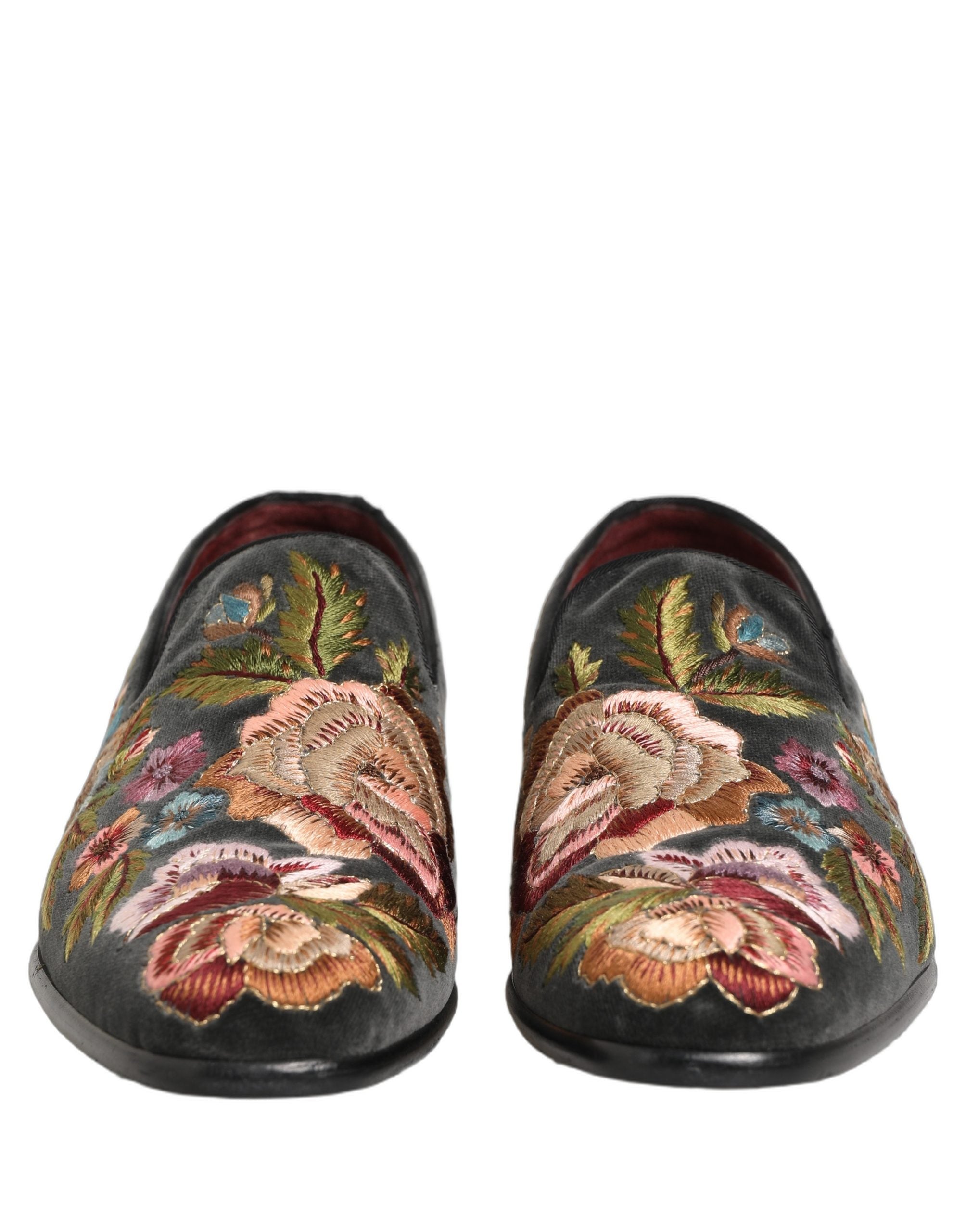 Dolce & Gabbana Black Velvet Floral Embroidery Loafers Shoes
