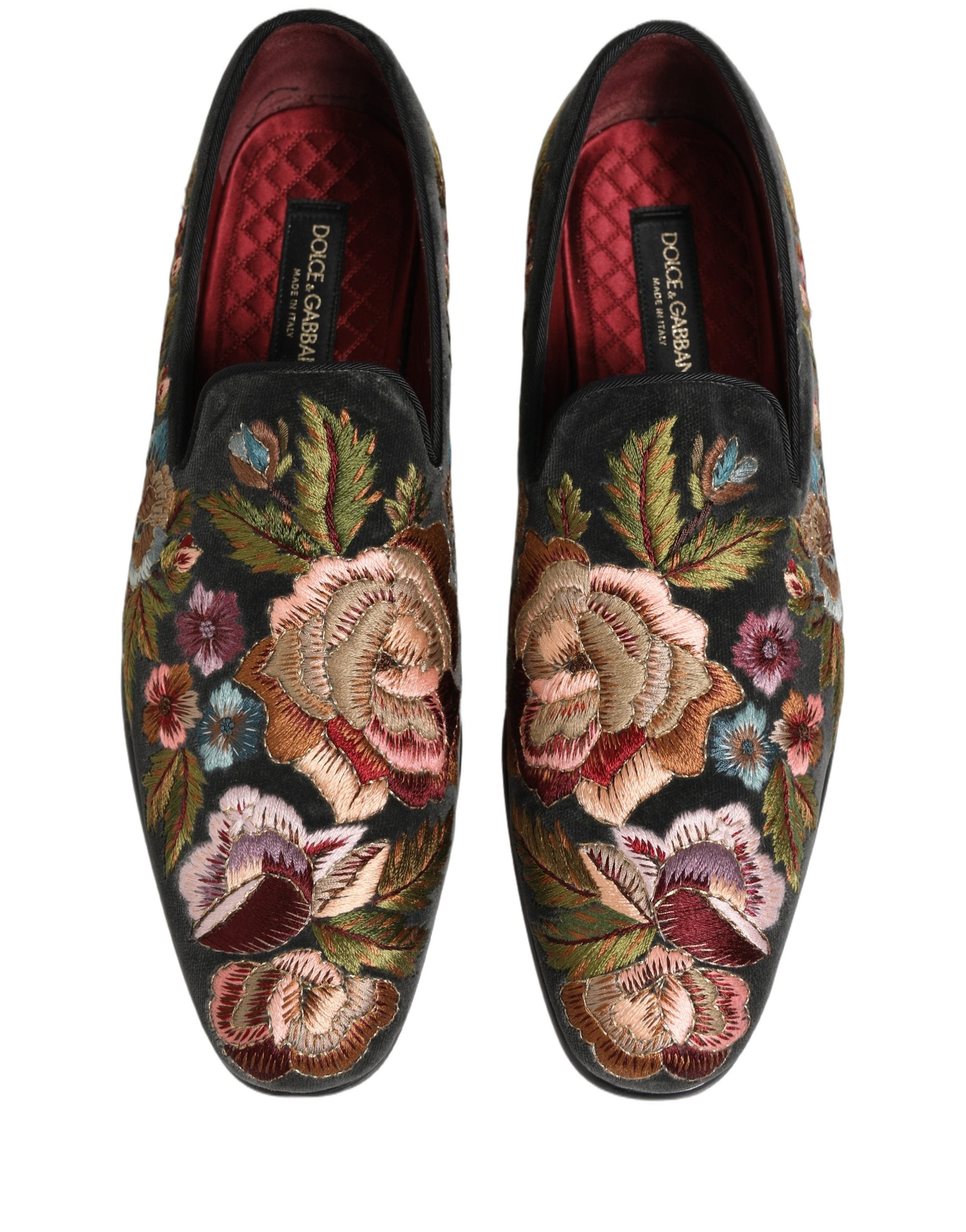 Dolce & Gabbana Black Velvet Floral Embroidery Loafers Shoes