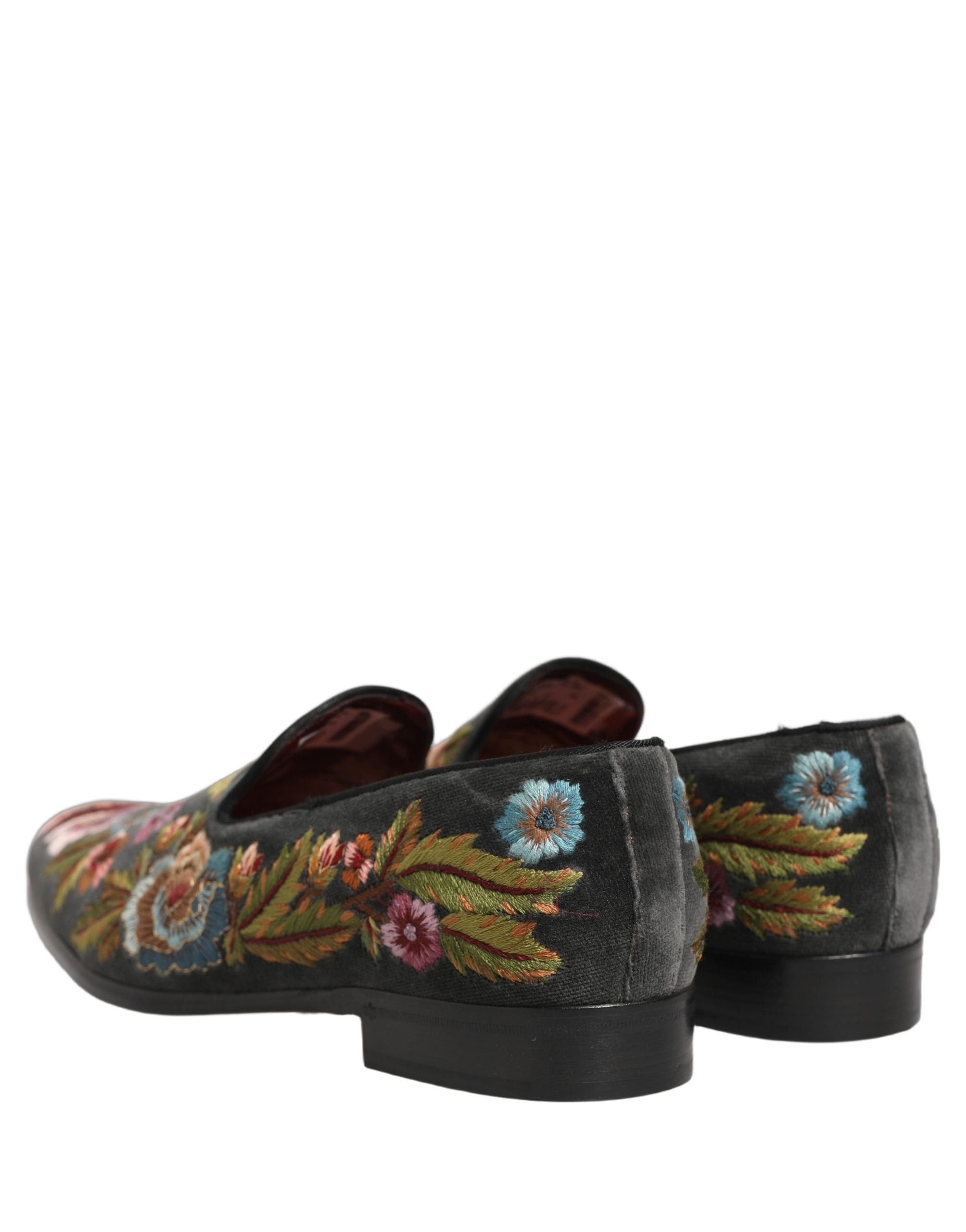 Dolce & Gabbana Black Velvet Floral Embroidery Loafers Shoes