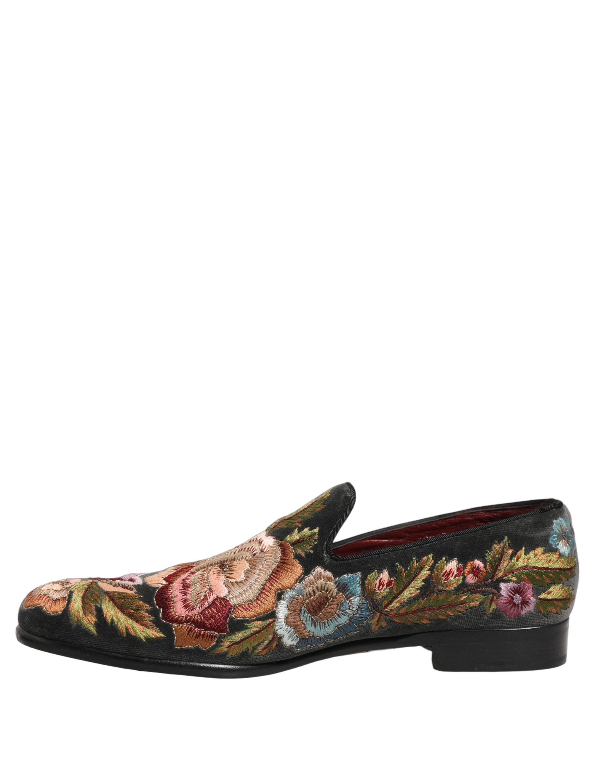 Dolce & Gabbana Black Velvet Floral Embroidery Loafers Shoes