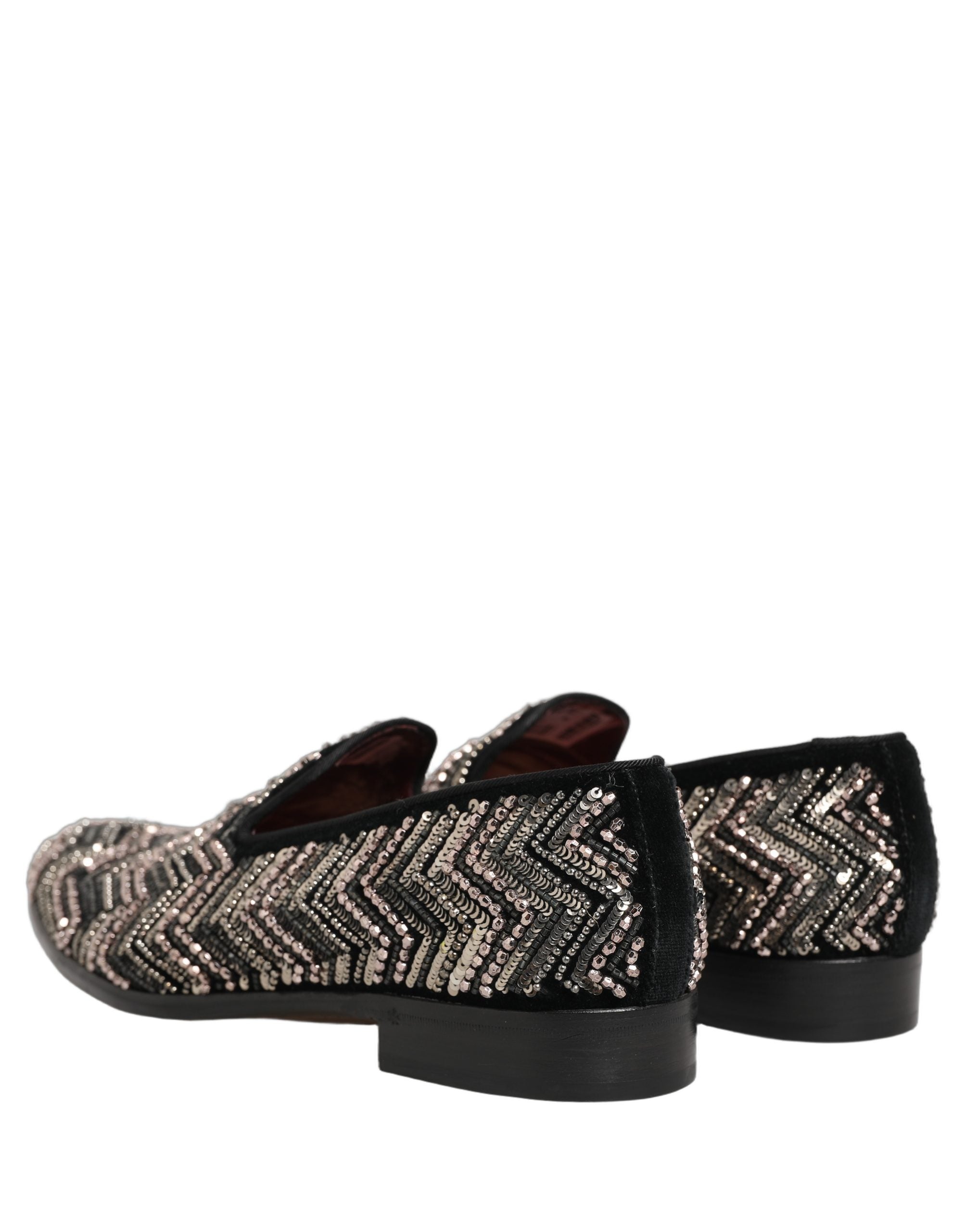 Dolce & Gabbana Black Velvet Floral Embellished Loafers Shoes