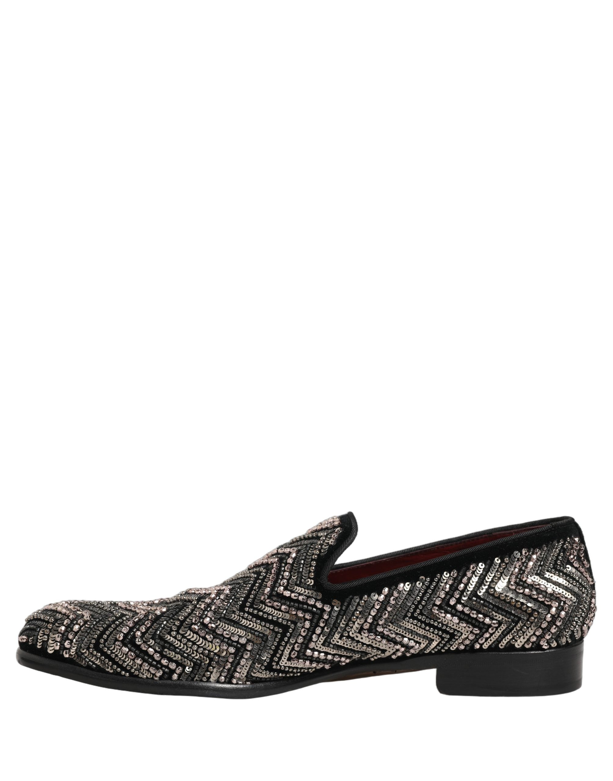 Dolce & Gabbana Black Velvet Floral Embellished Loafers Shoes